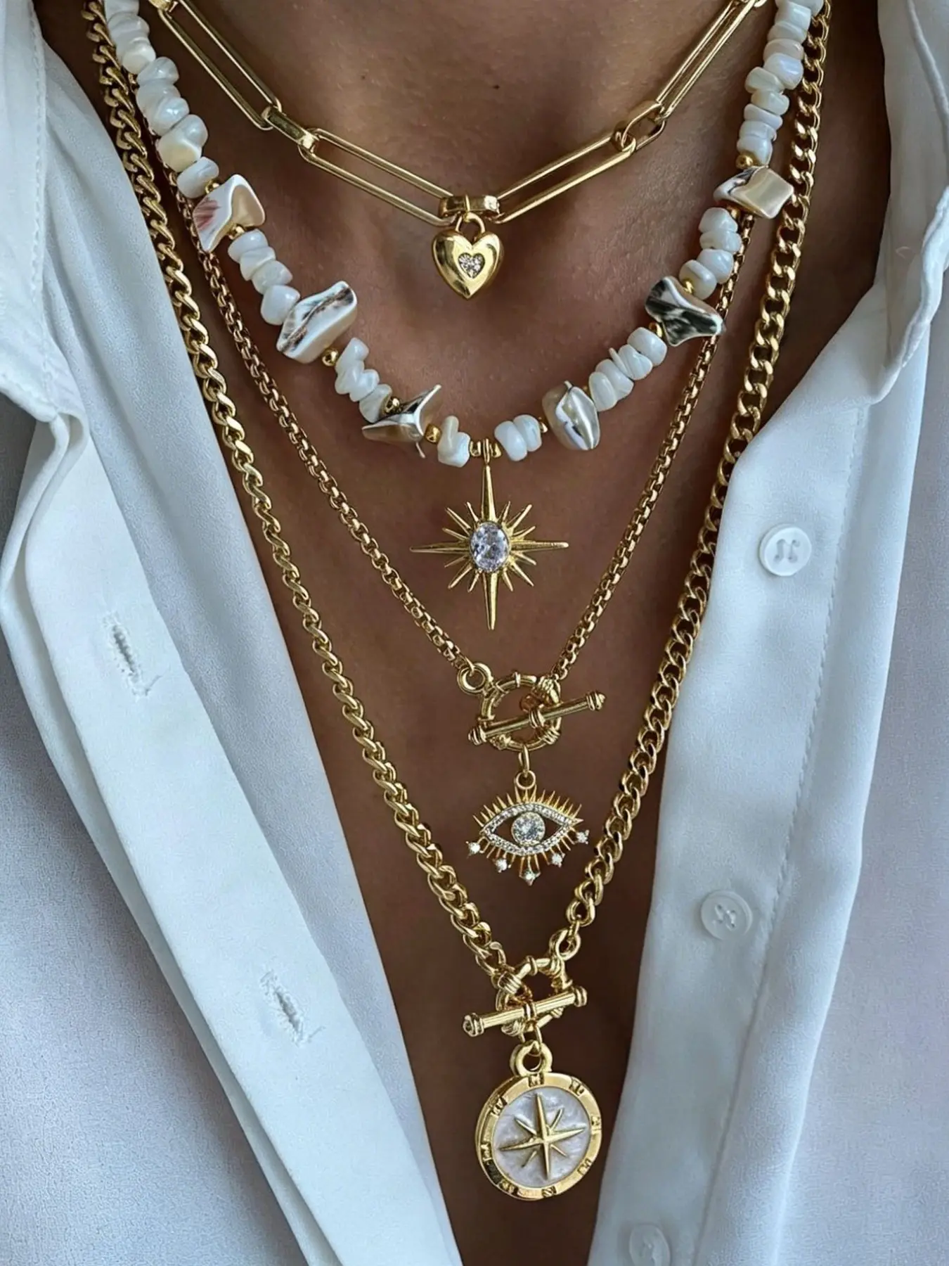 4 Piece Boho Layered Necklace Set, Alloy Necklace, Interchangeable Chain & Cuban Link, Baroque Pearl, Heart, Starburst, Evil Eye, Compass Pendants, Dainty Layering Jewelry, Women's Jewelry