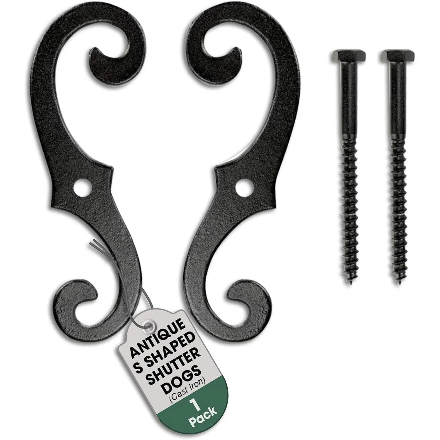 Renovators Supply 6.5 Inch Cast Iron S Style Decorative Shutter Fasteners, Rust Resistant External Shutter Dogs Hardware Tieback with Mounting Screws, 1 Pair Per Pack