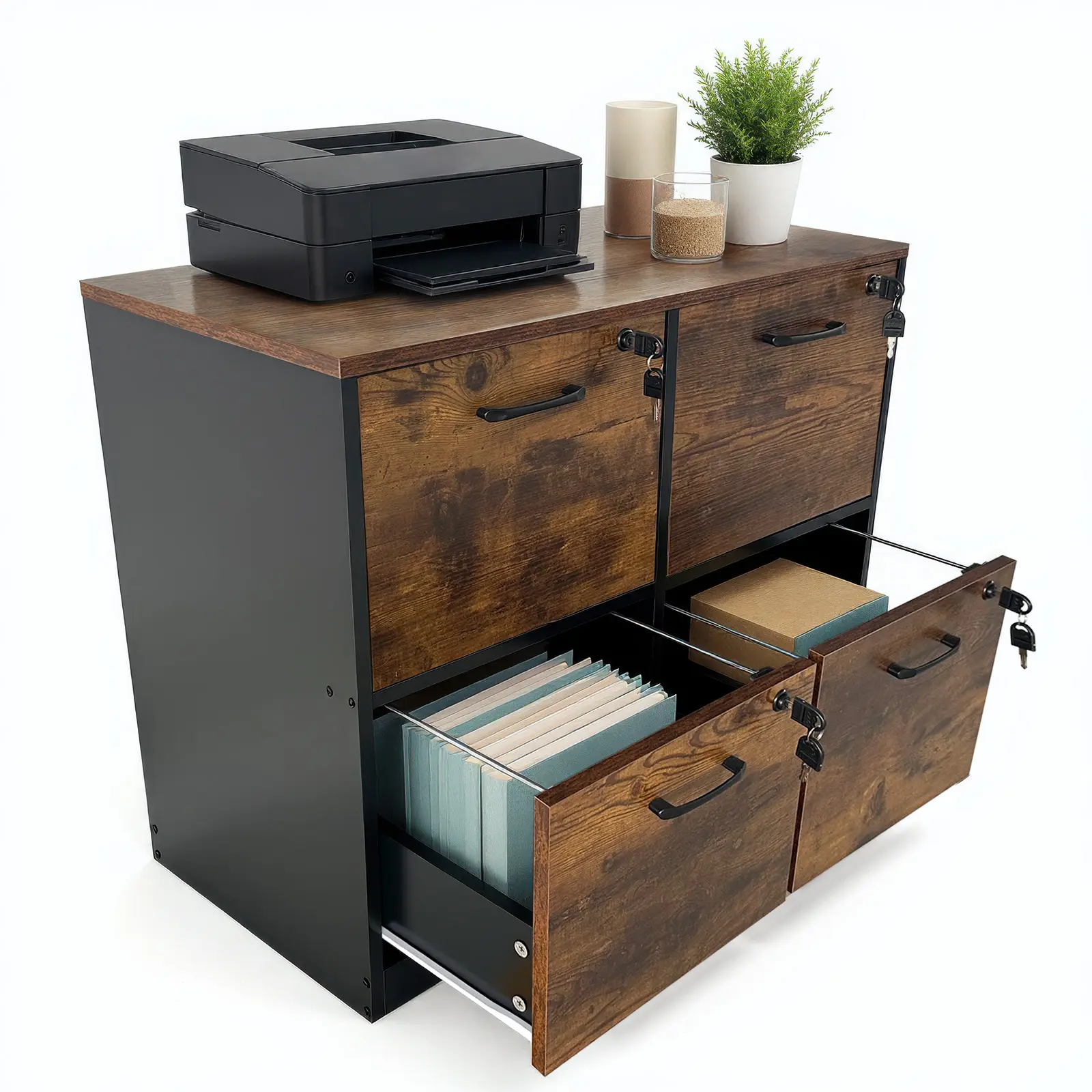 4 Drawer File Cabinet with Lock, Locked File Cabinet with Key, Wooden Filing Cabinets for Home Office, Office Storage for Letter/A4/Files