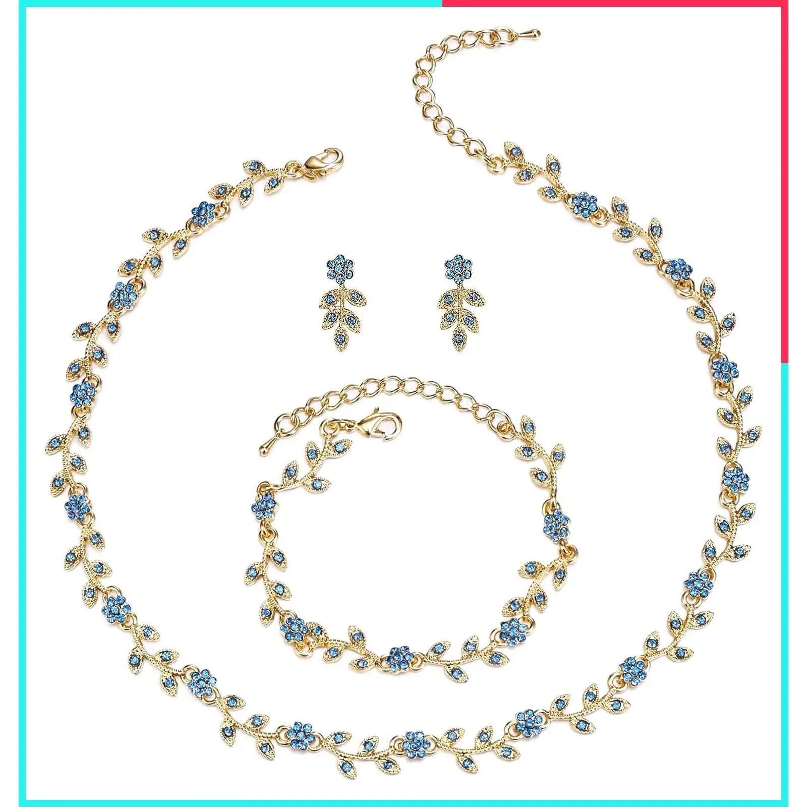 Gorgeous Crystal Flower Leaf Cluster Choker Necklace, Link Bracelet & Stud Earrings Wedding Jewelry Set for Women Bride Bridesmaid