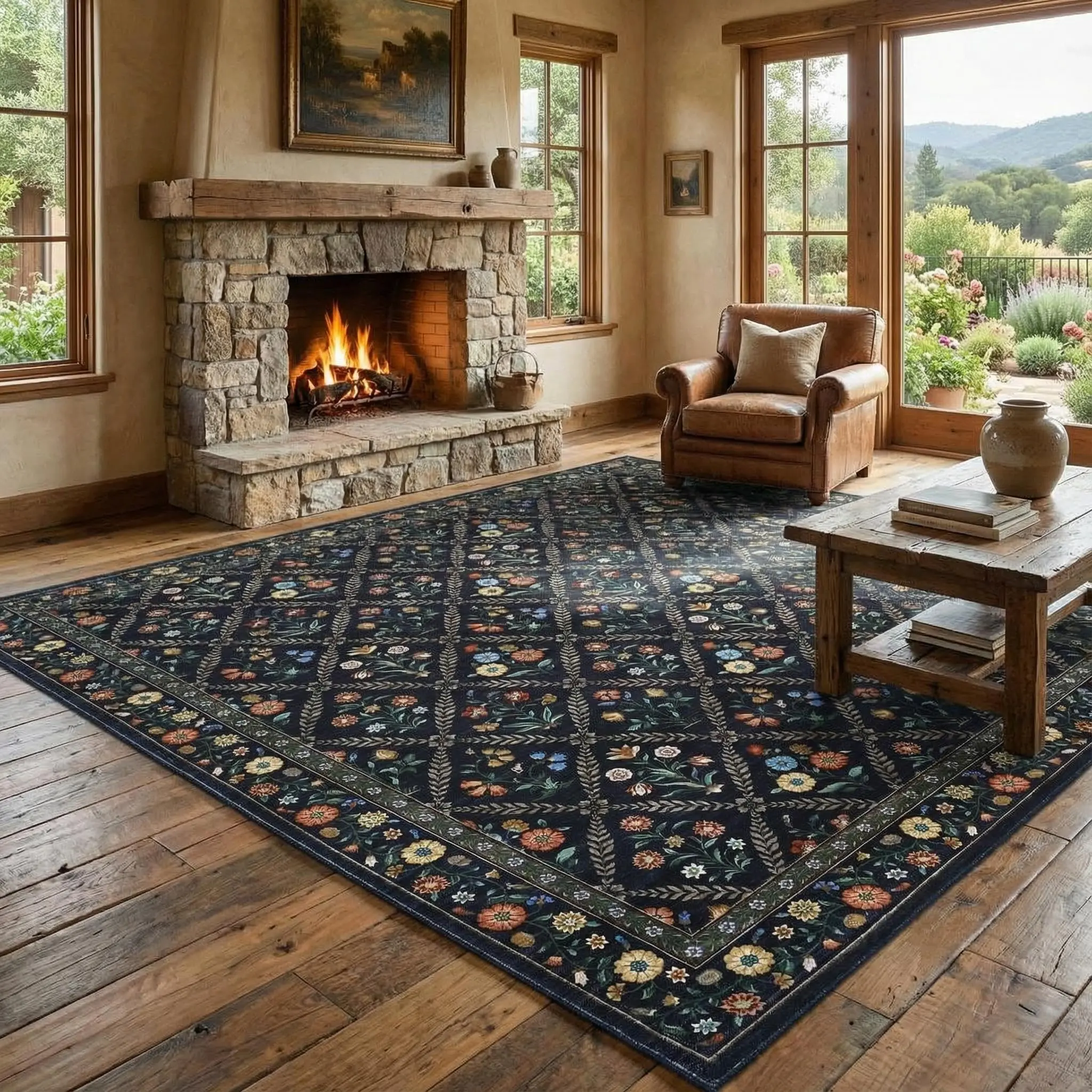 Garvee Floral 9x12 Area Rugs for Living Room Bedroom, Soft Washable Rugs 9x12 Stain Resistant, Ultra-Thin Non-Slip Dining Room Rug Non-Shedding Accent Carpet for Office Navy&Black