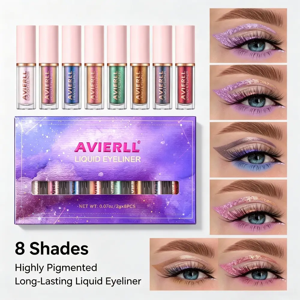 Starry Fine Glitter Liquid Eyeliner 8Pcs Gift Pack, Eyeliner Set, Smooth Flow Thin Brush Tip, Summer Dopamine Color Eye Makeup, Glitter Highlight Liner Kit For Stage COS Party