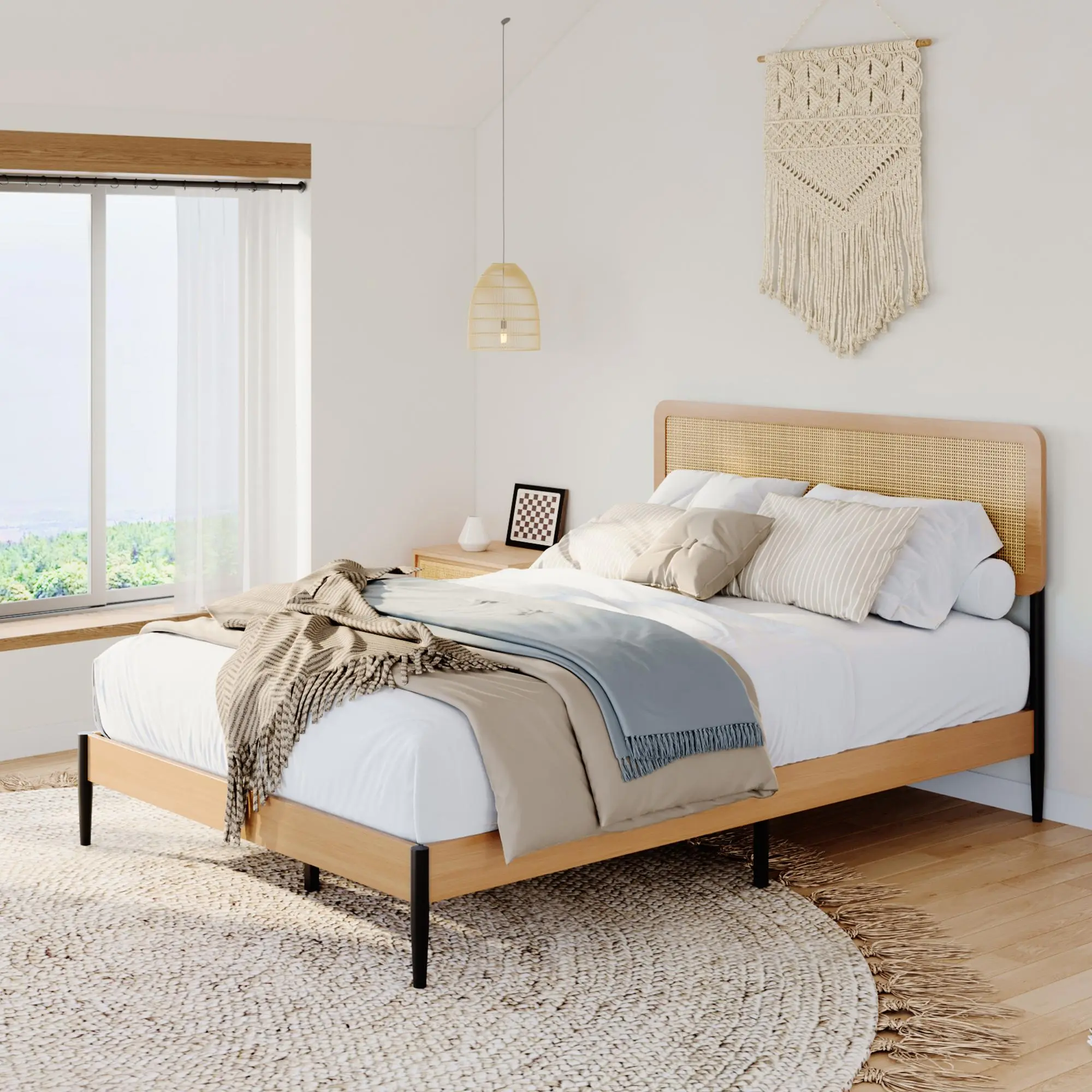 Rattan Platform Bed Frame – Queen/King, Woven Headboard with Shelf | Solid Wood, 1000lbs Capacity | No Box Spring Needed, Silent Slats | Under-bed Storage, Boho Style | Easy Assembly | Natural, Durable | Bedroom Furniture | Coastal Decor