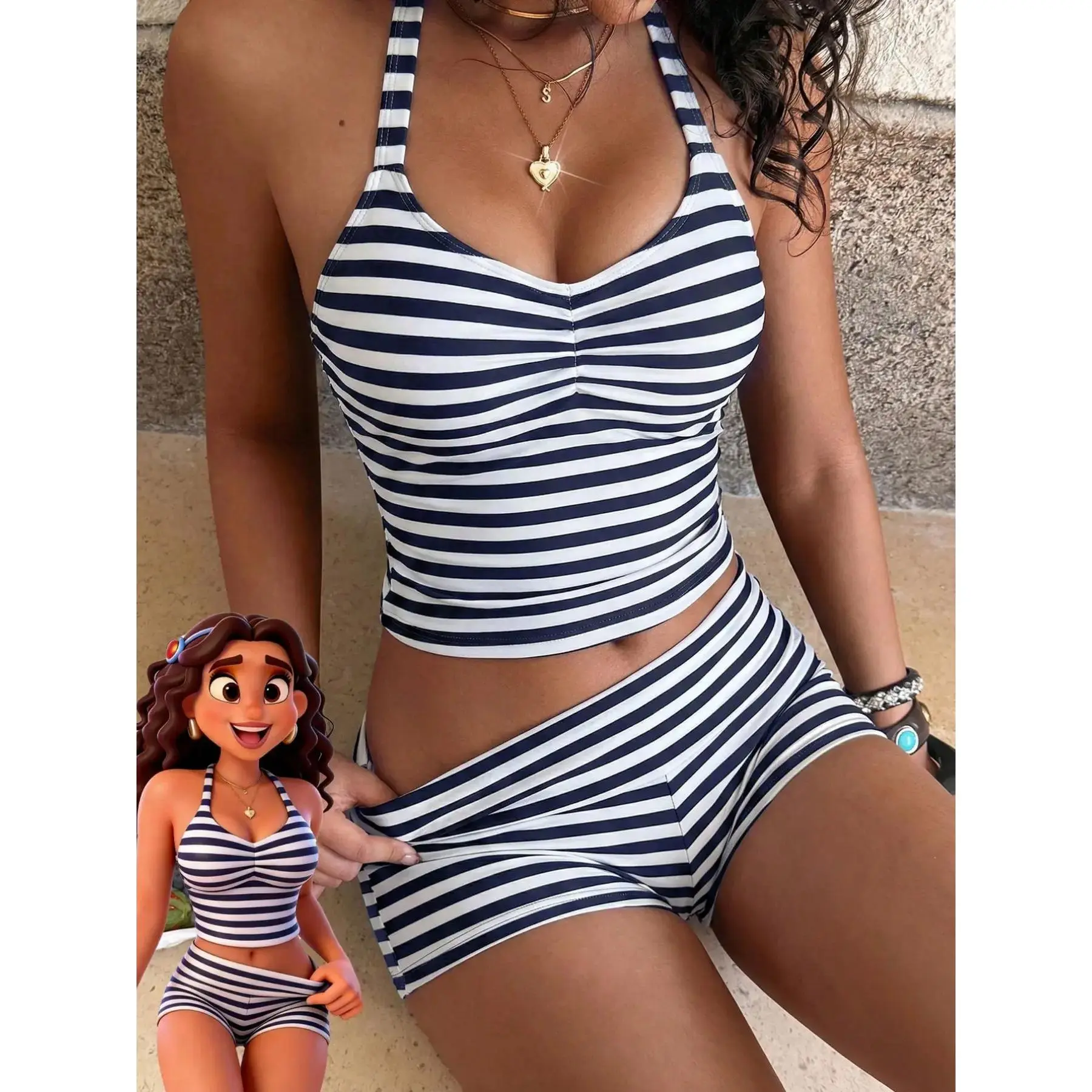 Women's Striped Tankini Swimsuit, Elegant Halter Crop Top and Boyshorts, Sporty Two-Piece Swimwear for Beach, Pool and Vacation