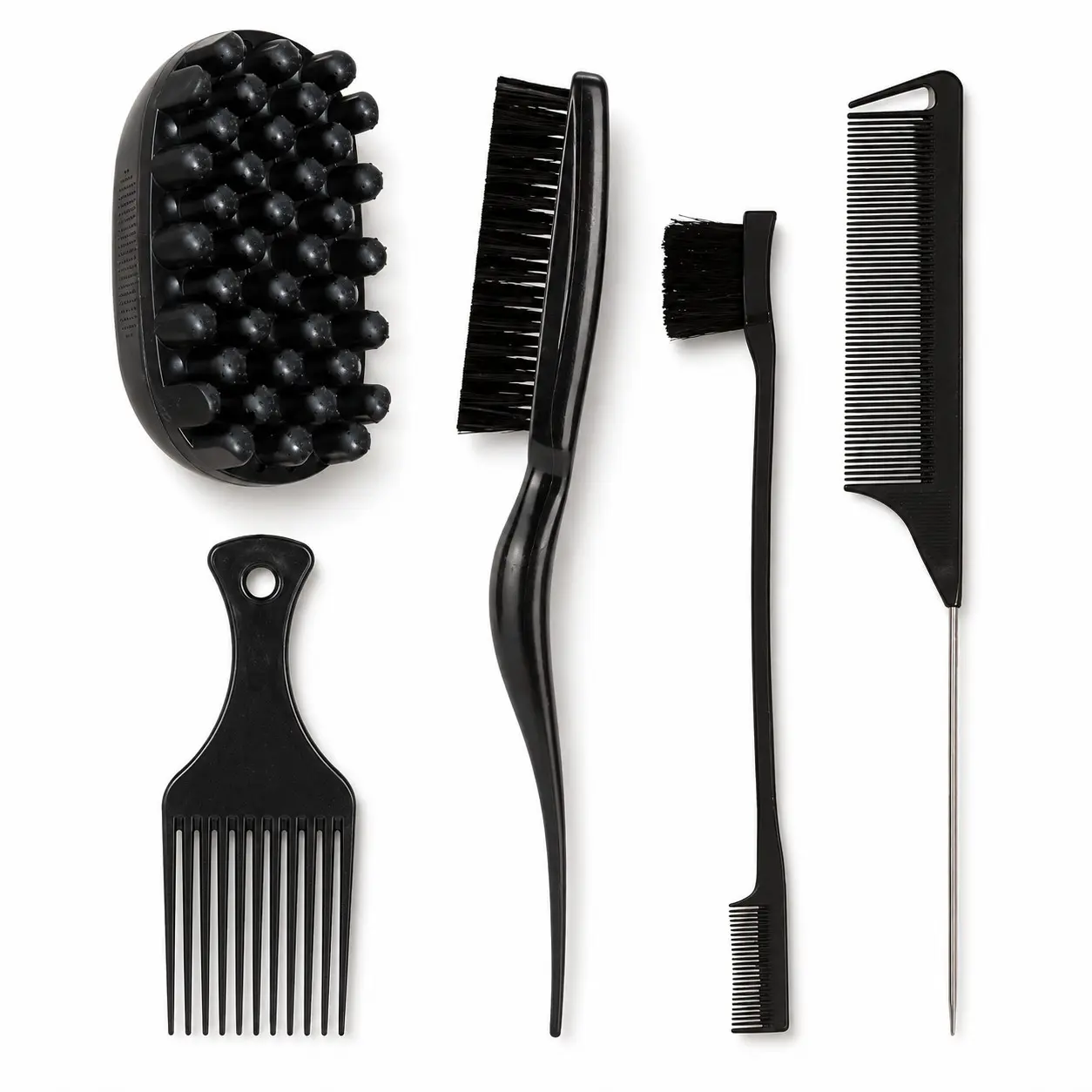 5Pcs Textured Hair Styling Tools Set, Combs for hair stylist, Twist Curl Comb with Scalp Massage Brush, Edge Brush, Hair Pick Comb, Rat Tail Comb & Detangler Comb for Curly, Coily, Wavy & Thick Hair, Detangling, Sectioning, Edge Control & Daily Styling