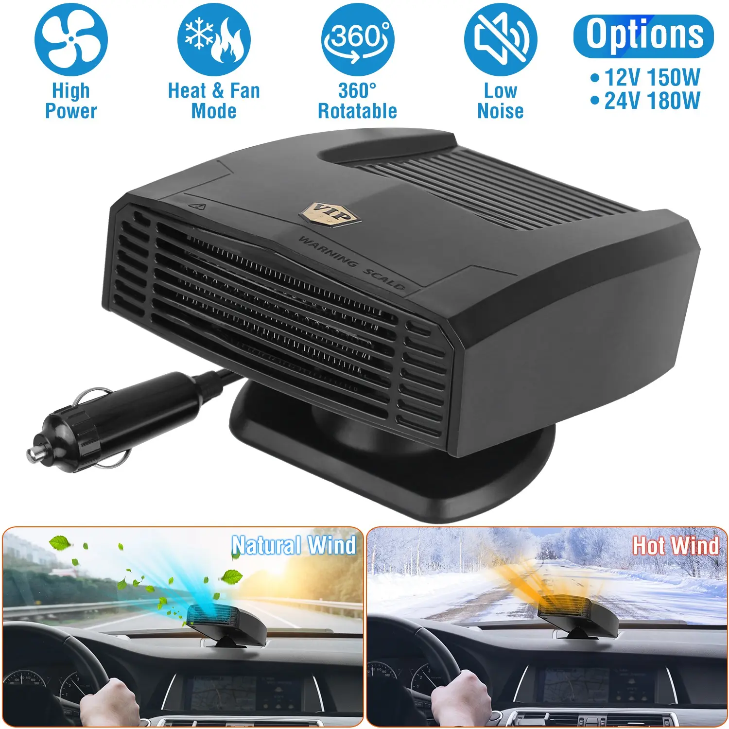 12V 150W Portable Multifunctional Car Warm Heater, 2-in-1 Defrosting Fan & Cooling Fan with 360° Rotatable Base, 12V/24V Options, Automotive Windshield Defogger for Indoor Recreation