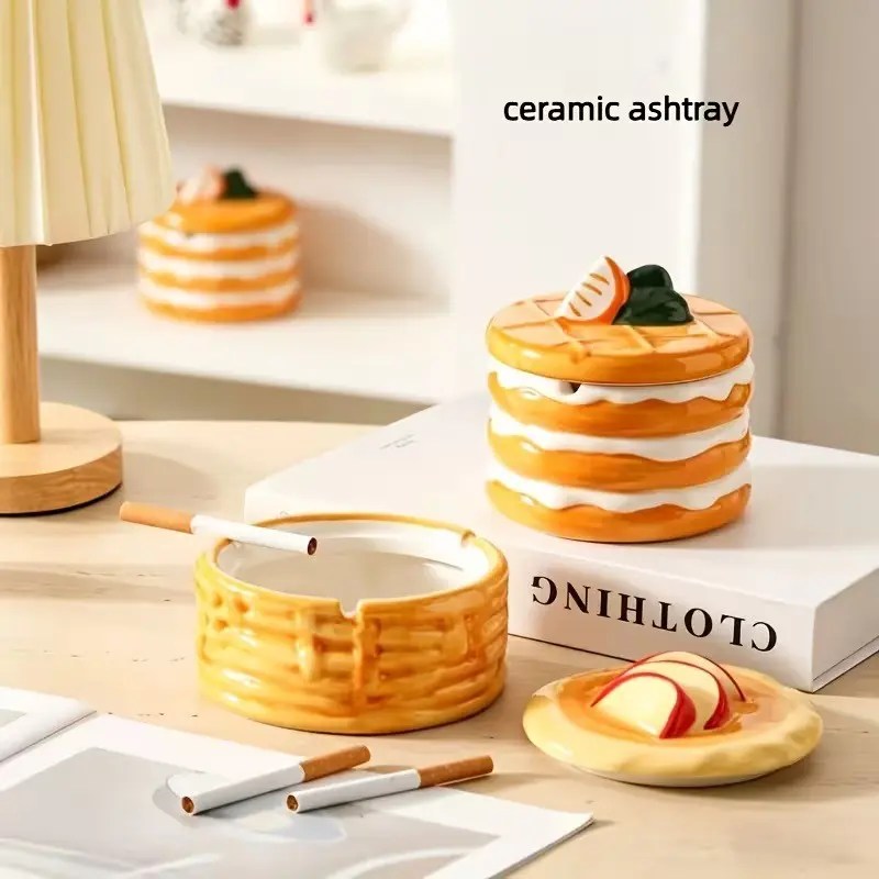 Cake Shaped Ceramic Ashtray with Lid, Cute Smokeproof Ash Tray for Home Office, Luxury Decorative Ornament, Ideal Gift for Household Hotel Use