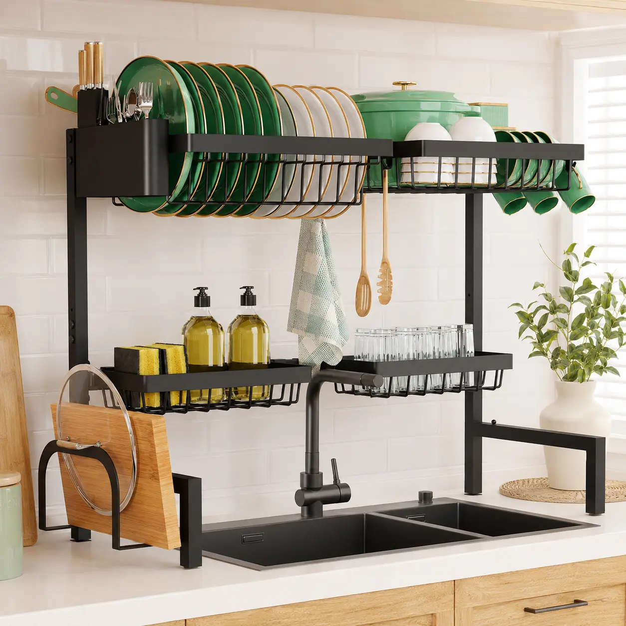 Over The Sink Dish Drying Rack - Adjustable 2-Tier Indoor Recreation Kitchen Sink Organizer with Large Capacity Baskets, Black