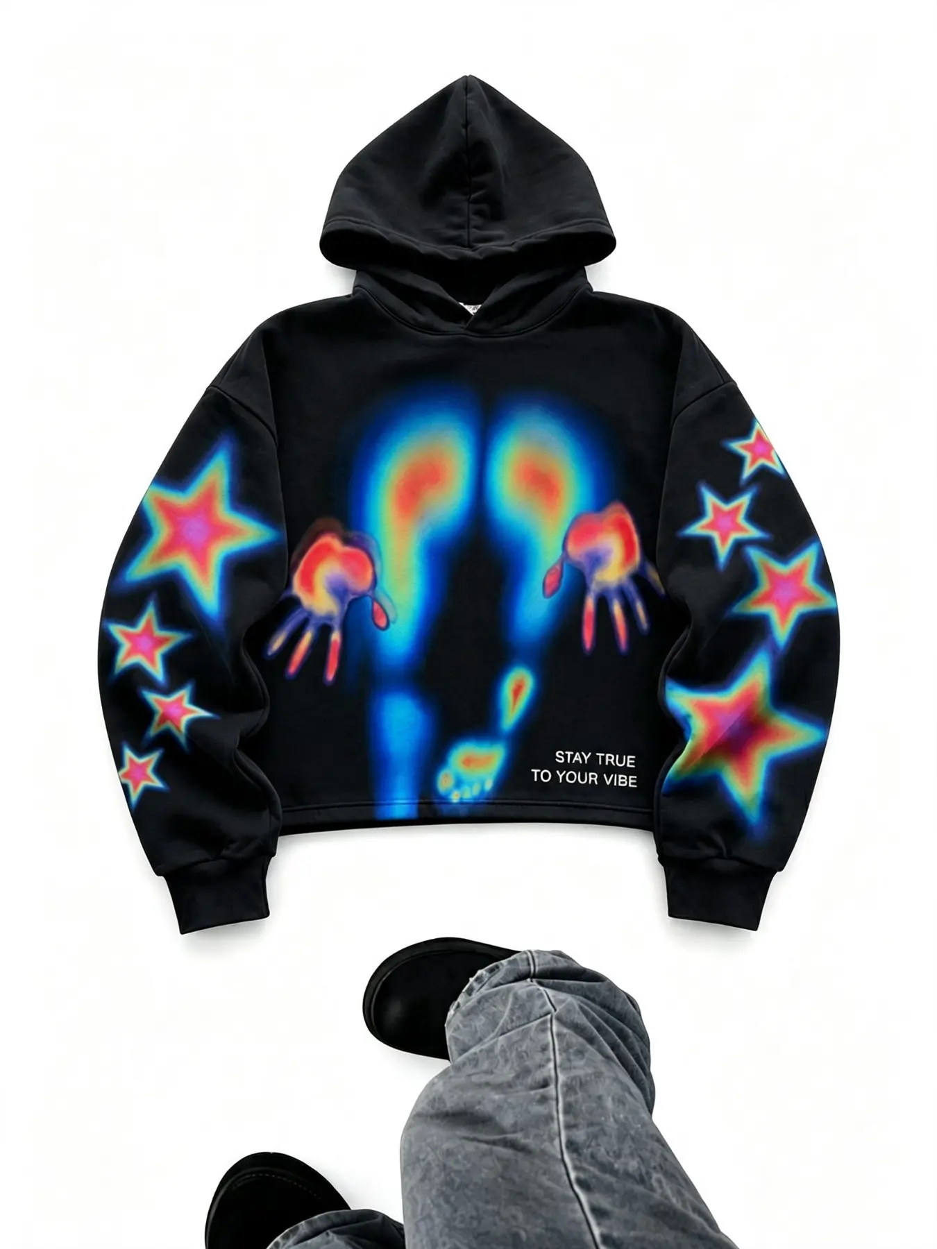 Women Cropped Hoodie Sweatshirt, Thermal Print Hand Foot Star Graphic Long Sleeve Hooded Top, Y2K Goth Streetwear Drop Shoulder Pullover, Casual Daily Going Out Hip Hop Crop Tops for Women Teen Girls