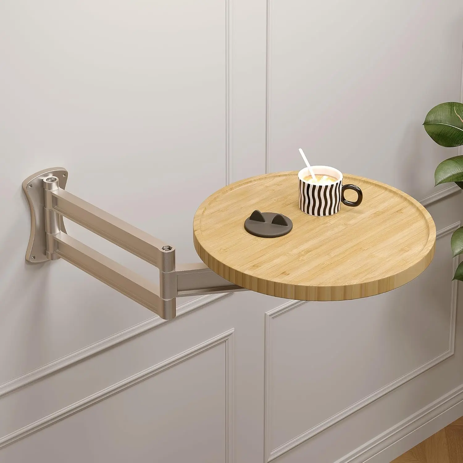 Wall Mounted Folding Table,Small Bamboo Drop Down Floating Wall Desk,11.8" Round Wood Tabletop with Retractable Aluminum Alloy Brackets,Bedside Wall Shelf Drop Top Desk,Fold Down Nightstand