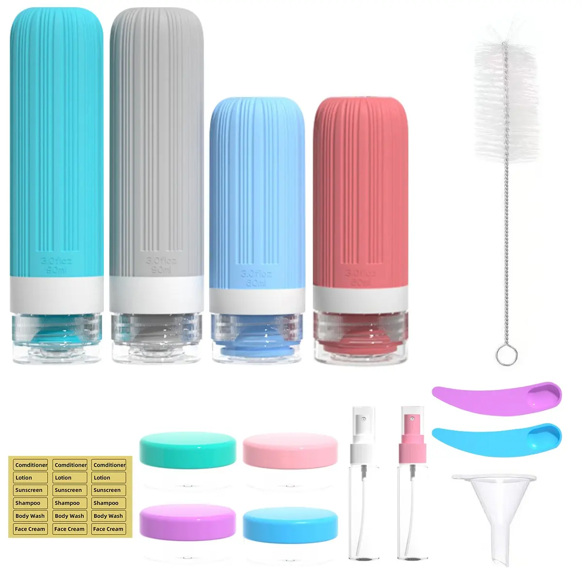 14-Piece Silicone Dispenser Set, Portable Travel Bottles for Shampoo & Shower Gel, Leak-Proof Refillable Liquid Containers, Essential Makeup Bottles
