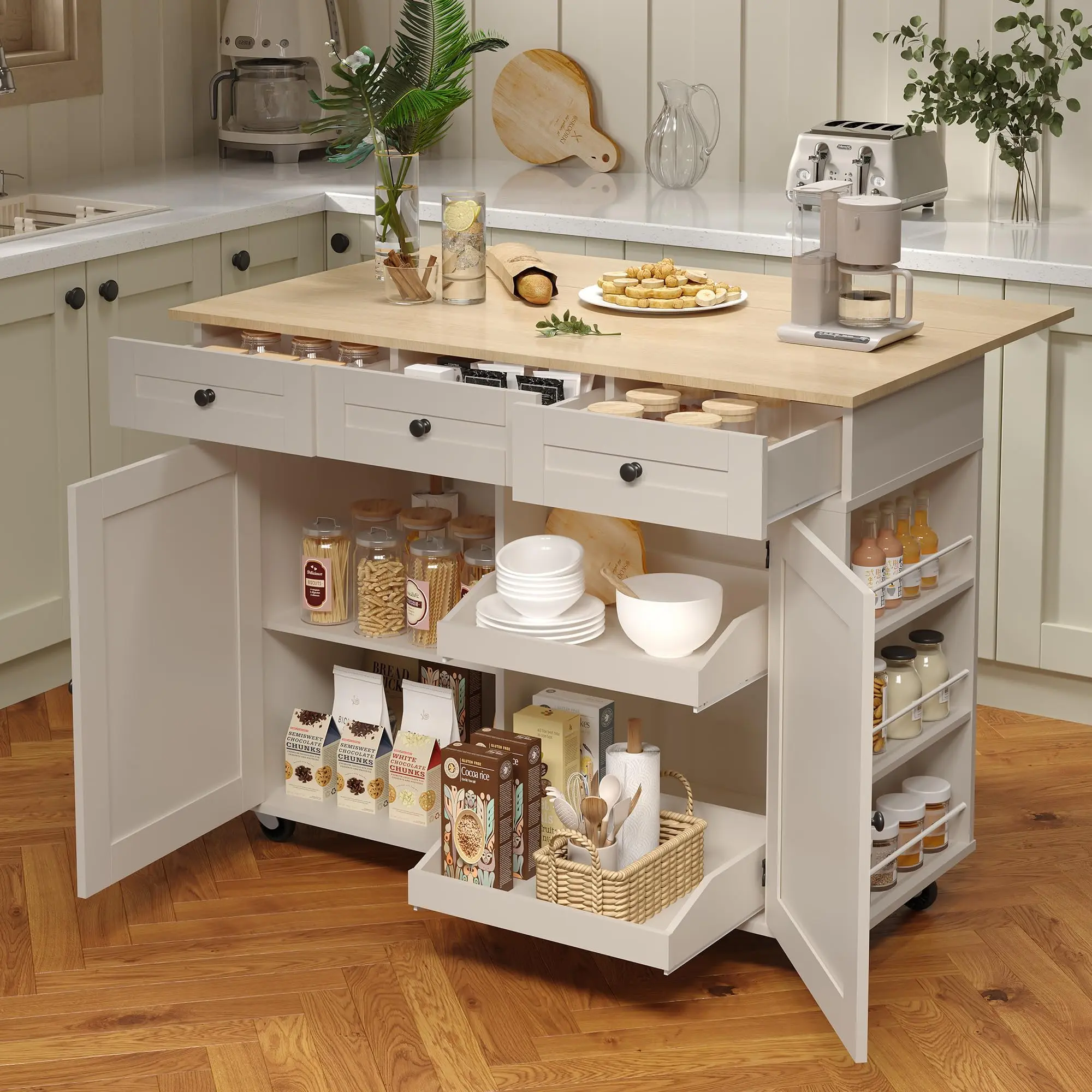 47.2 in Kitchen Island with Power Outlet & Drop Leaf,Rolling  Kitchen Island with Ample Storage,Mobile Kitchen Cart on Wheels with Pull-Out Shelves, Drawers, Spice Rack