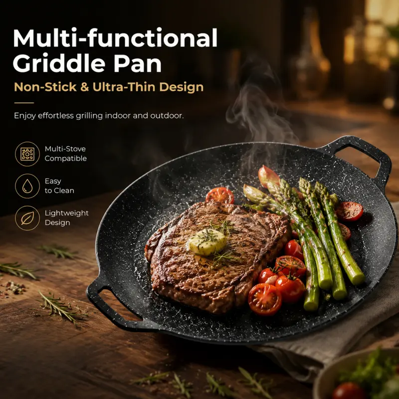 Non-Stick Multi-Functional Flat Grill Pan Ultra Thin Lightweight Flat Skillet With Double Handles Compatible With All Stovetops Easy To Clean Indoor Outdoor Steak Vegetable Barbecue Frying Pan