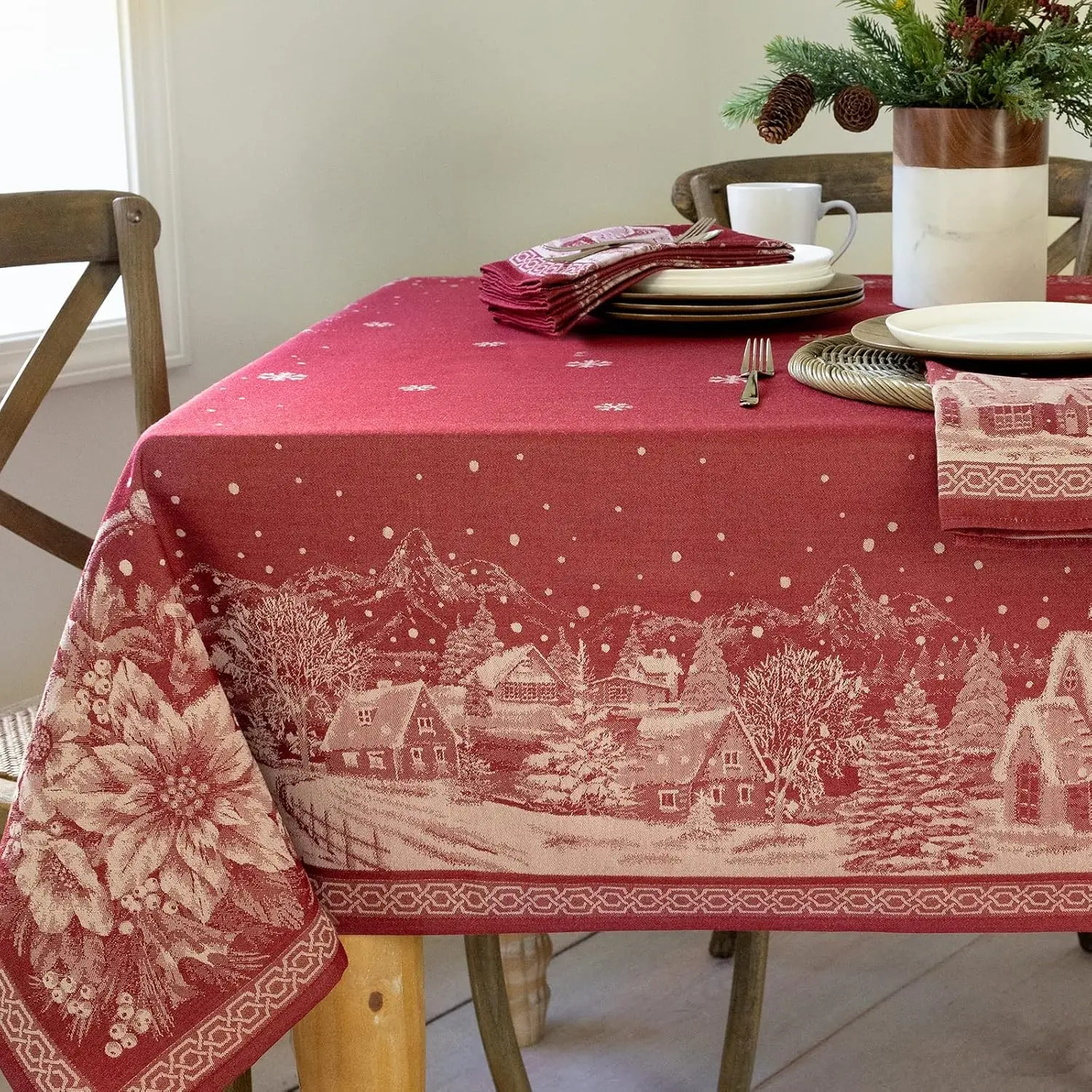 2D Flat Party Tablecloth 1pc, Vintage Christmas Scene Polyester Tablecloth, Holiday Winter Christmas Tablecloth, No Power Required