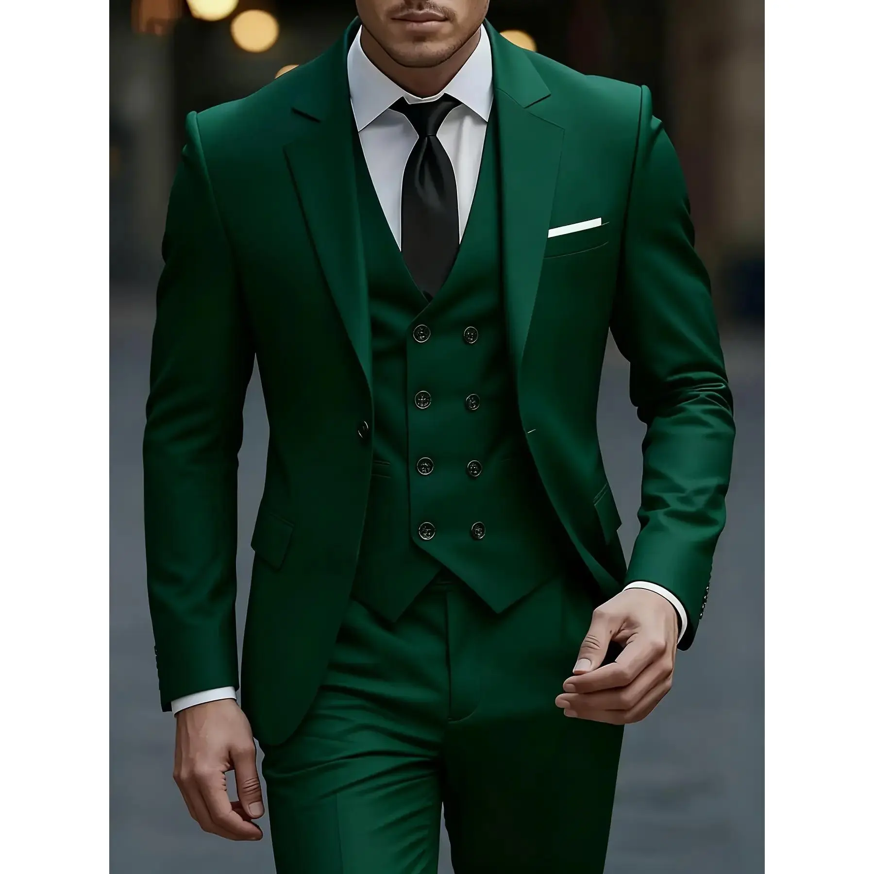 Men's Luxury Dark Green 3 Piece Suit Set – Slim Fit Blazer, Vest & Dress Pants, Elegant Formal Business Wedding Tuxedo Outfit