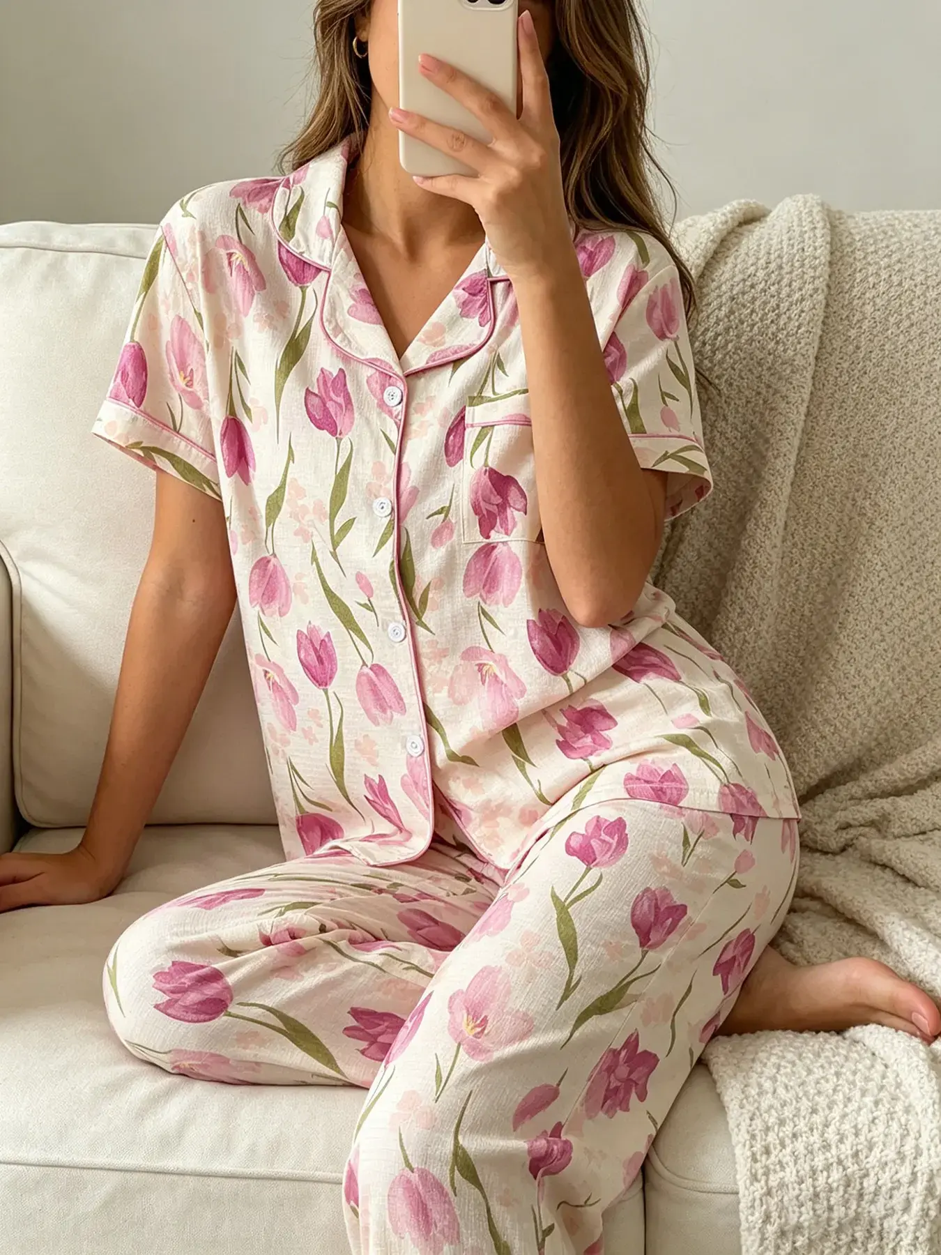 Women's Short Sleeve Button Down Top and Pants Pajama Set, Pjs, All Season Wear, Casual Loungewear, For Cottagecore Lovers, Cream Base Pink Tulip Floral Print, Classic Lapel Collar, Loose Fit, Comfortable For Vacation & Home