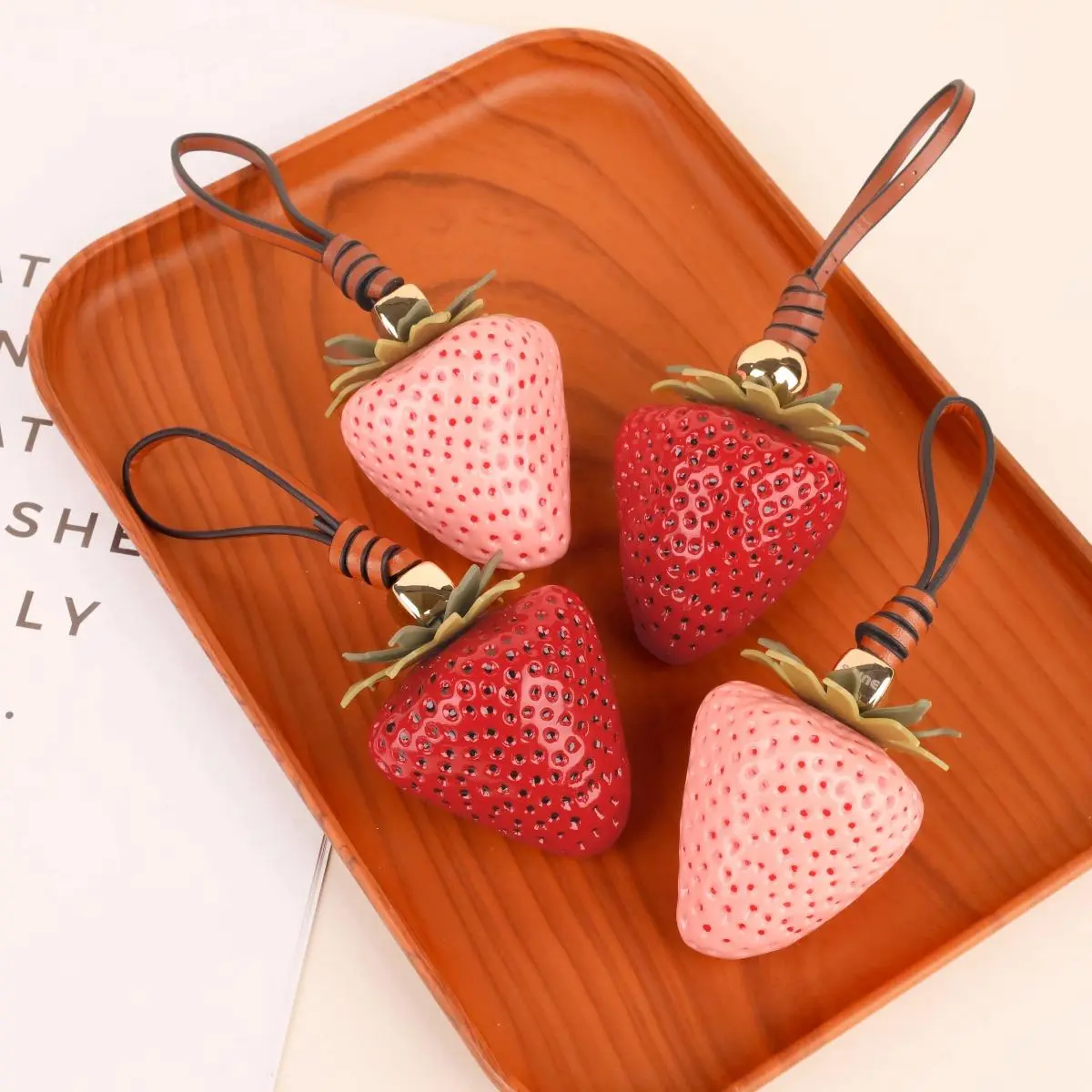 Cute Strawberry Bag Charm, Pink & Red Fruit Pendant Accessory for Purses & Handbags