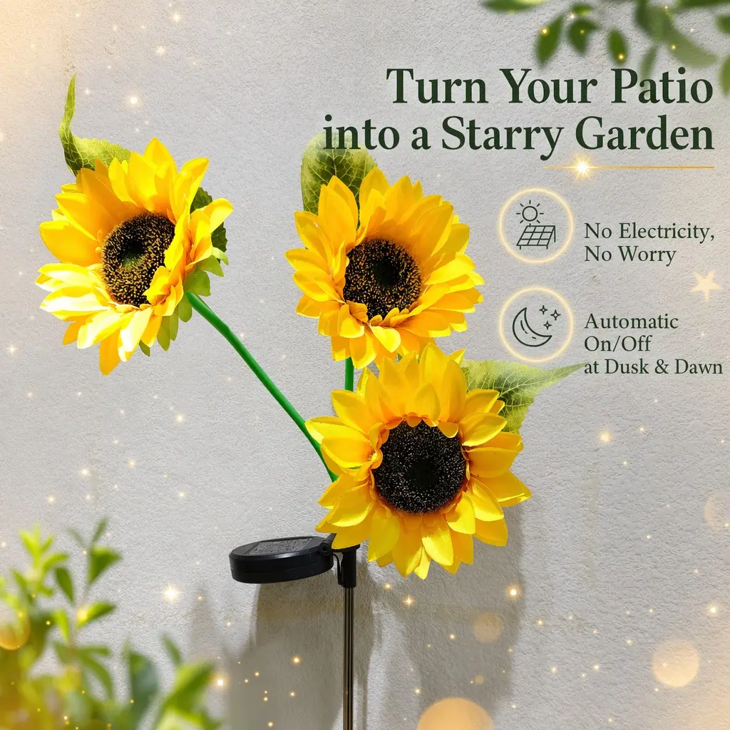 3-Head Sunflower Solar Powered Garden Light, Warm White, Waterproof, Frost & Heat Resistant, Easy Ground Stake Installation, for Patio, Yard, Pathway Decoration, Solar Lights Outdoor Waterproof, Solar Powered Lights