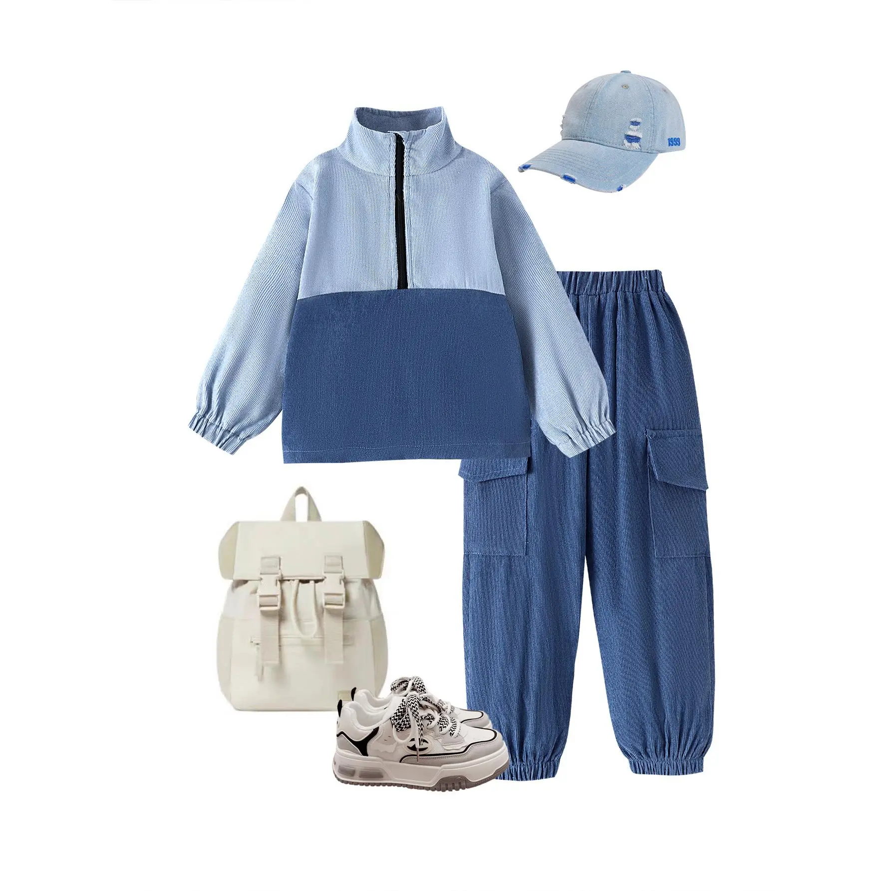 Two-piece School Outfit for Girls, Sky Blue Jacket with Pockets + Blue Trousers, Simple Casual School Set