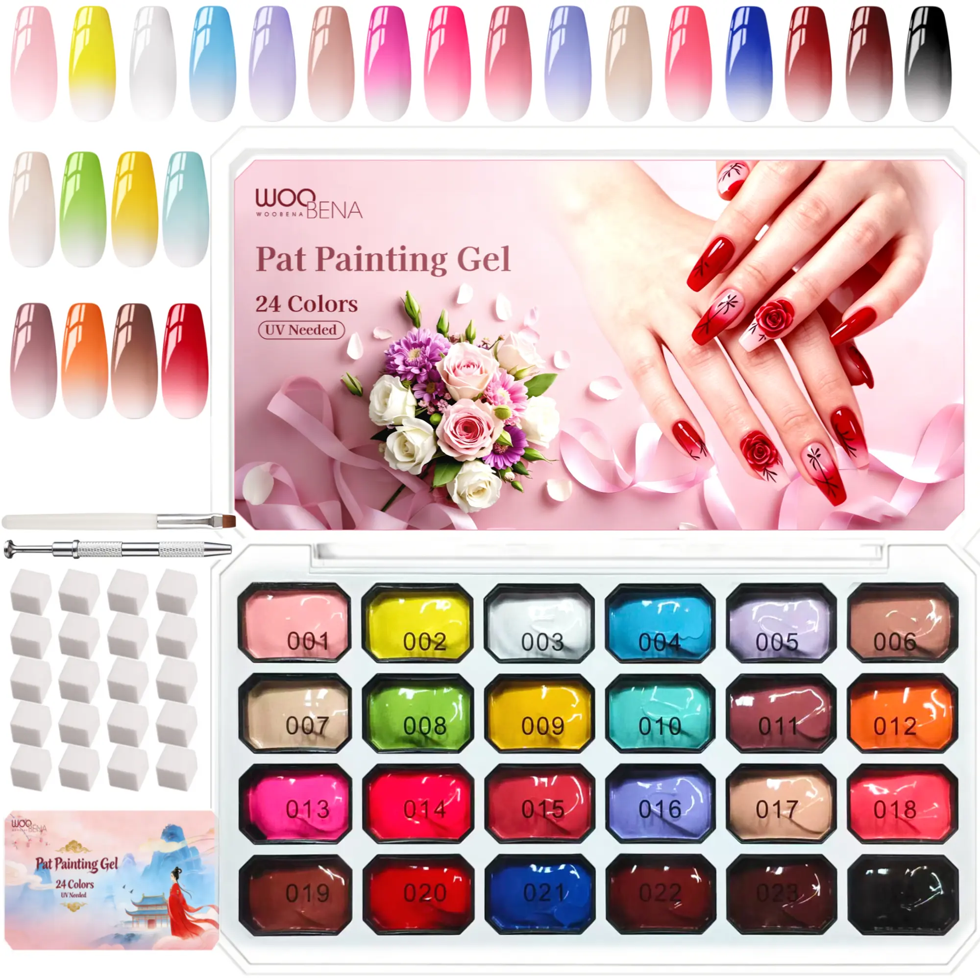 24 Color Pat Nail Gel Polish Kit with Sponge and Brush, Ombre Painting Gel Palette - UV/LED Curing for Gradient Nails, Beginner Friendly DIY Manicure Set