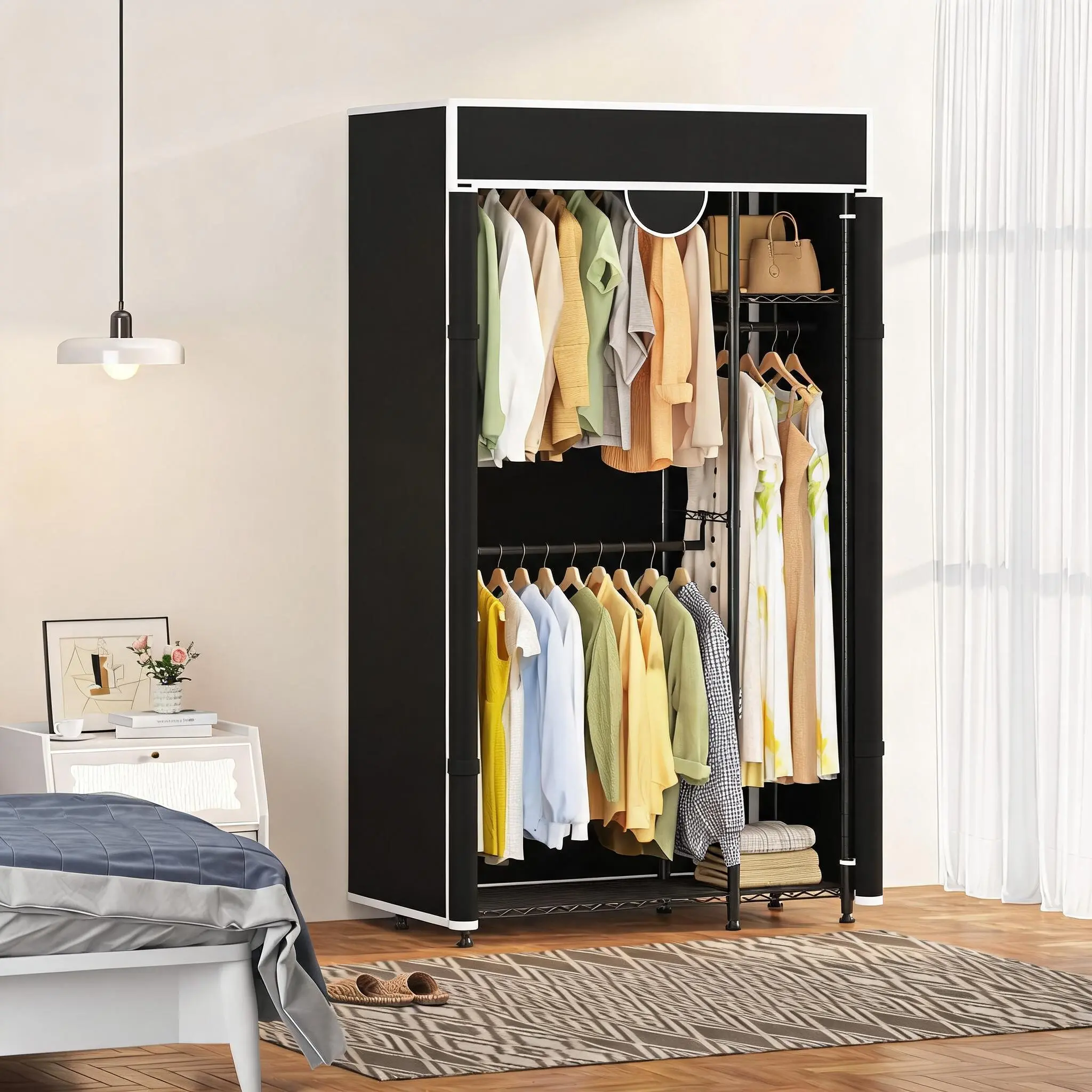 Heavy Duty Portable Closet Wardrobe Organizer – Protective Cover, Adjustable Carbon Steel Hanging Rack, Hooks Included, 720lbs Capacity, Freestanding Storage System, 15.75×43.31×76.46 Inches