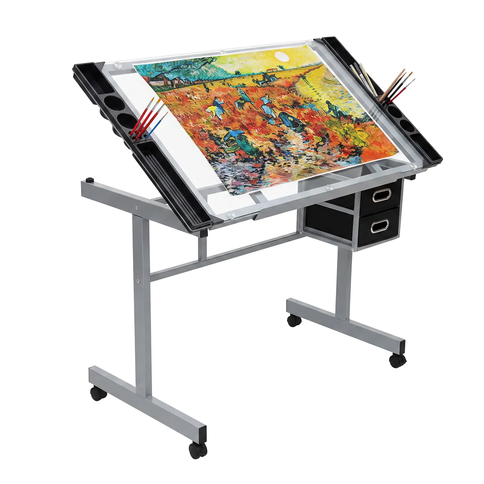 Tilting Glass Drafting Workstation, 0°-65° Adjustable Desktop Art Table with 2 Drawers and 4 Rolling Casters, Heavy Duty Multifunctional Craft Desk for Designer, Artist & Home Office
