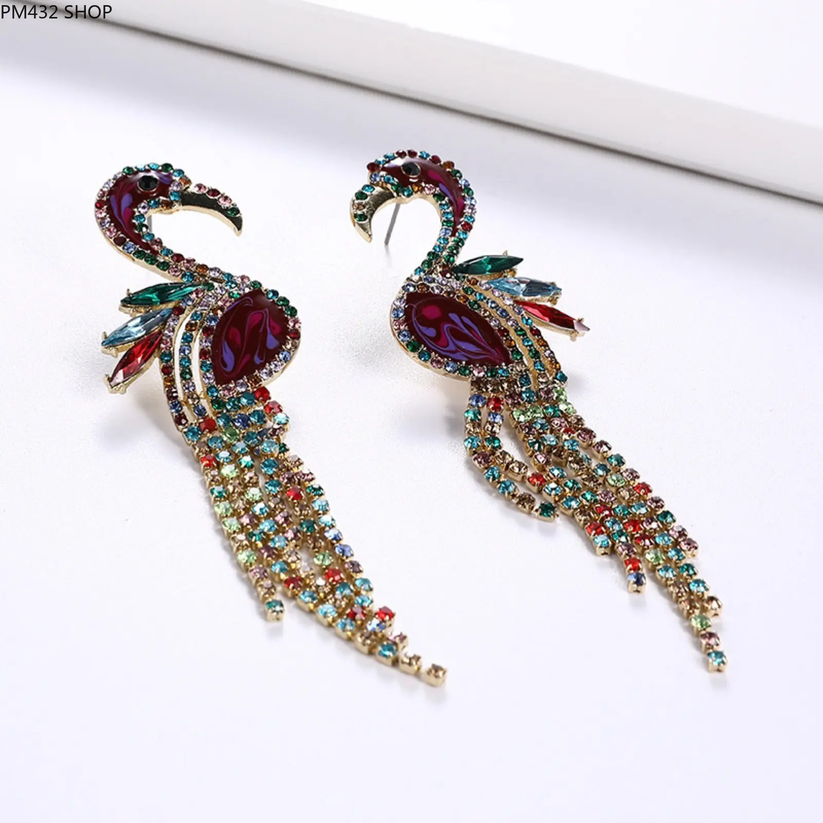 Sparkly Rhinestone Flamingo Tassel Drop Earrings – Bold Statement Crystal Fringe Earrings, Fashion Oversized Chic Dangle Earrings for Party & Night Out Women Jewelry