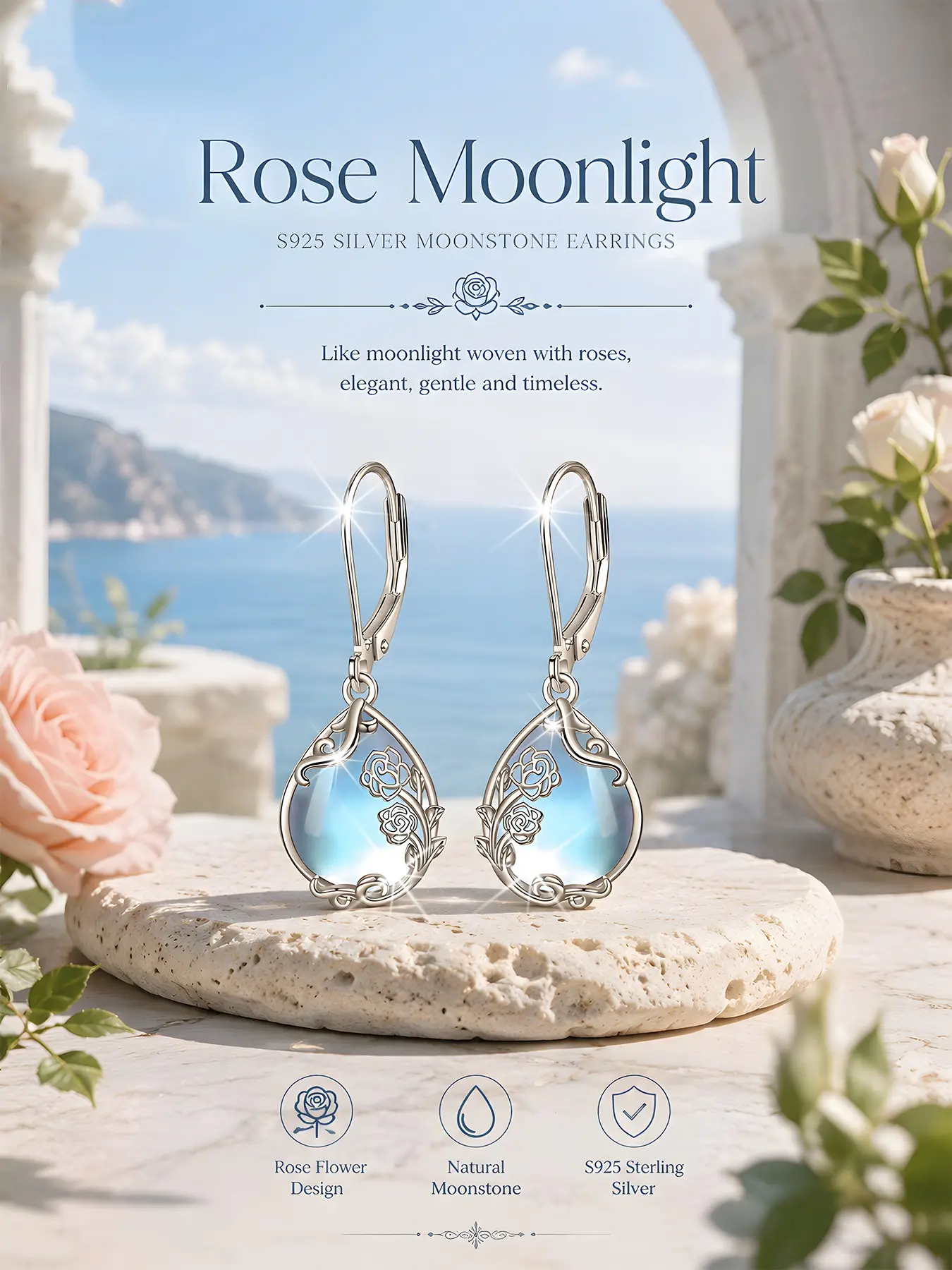 Elegant S925 Silver Bohemian Rose Moonstone High Quality Fashionable Earrings, Hypoallergenic Fashion Jewelry for Women, Perfect Gift for Valentine's Day
