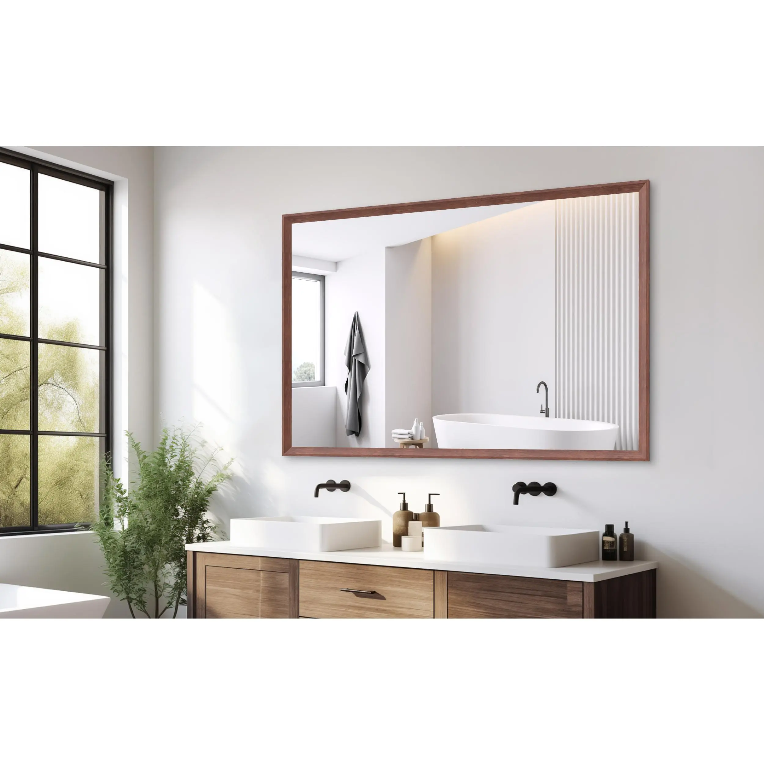 60x40 in Oversized Modern Rectangle Wall Mirror with Walnut Aluminium Frame - Lightweight, Durable Wall-Mounted Vanity Mirror for Bathroom, Living Room, Vertical/Horizontal Hanging, Aesthetic Home Decor, Wall Hanging