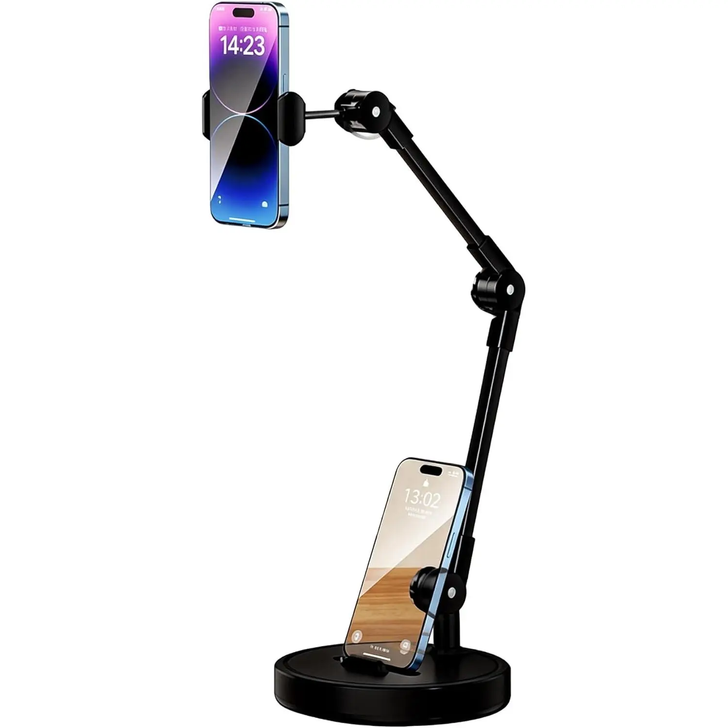 Phone Stand for Desk, 2-in-1 Holder with 762g Weighted Base, 360° Adjustable Arm for Live Streaming & Learning