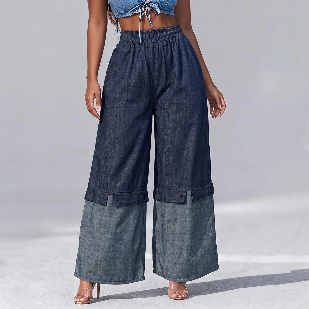 Women's High-Waisted Elastic Light Viscose Cotton Patchwork Jeans - Loose Wide-Leg Pants with Pockets, Comfortable Breathable Bottoms for Casual Streetwear
