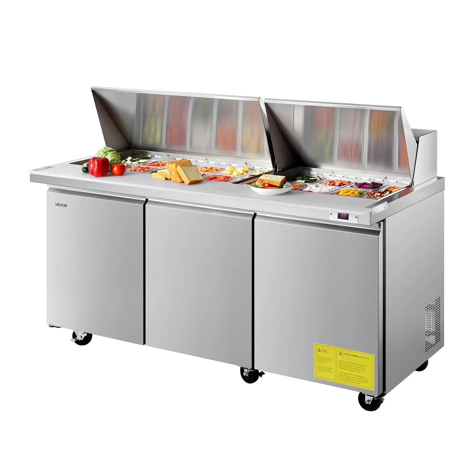 72"W Commercial Refrigerator, 18.7 Cu. Ft Sandwich Prep Refrigerated Table, Mega Top Food Prep Fridge with 30 Pans and Cutting Board, Stainless Steel Salad Prep Cooler for Restaurant, Food Truck