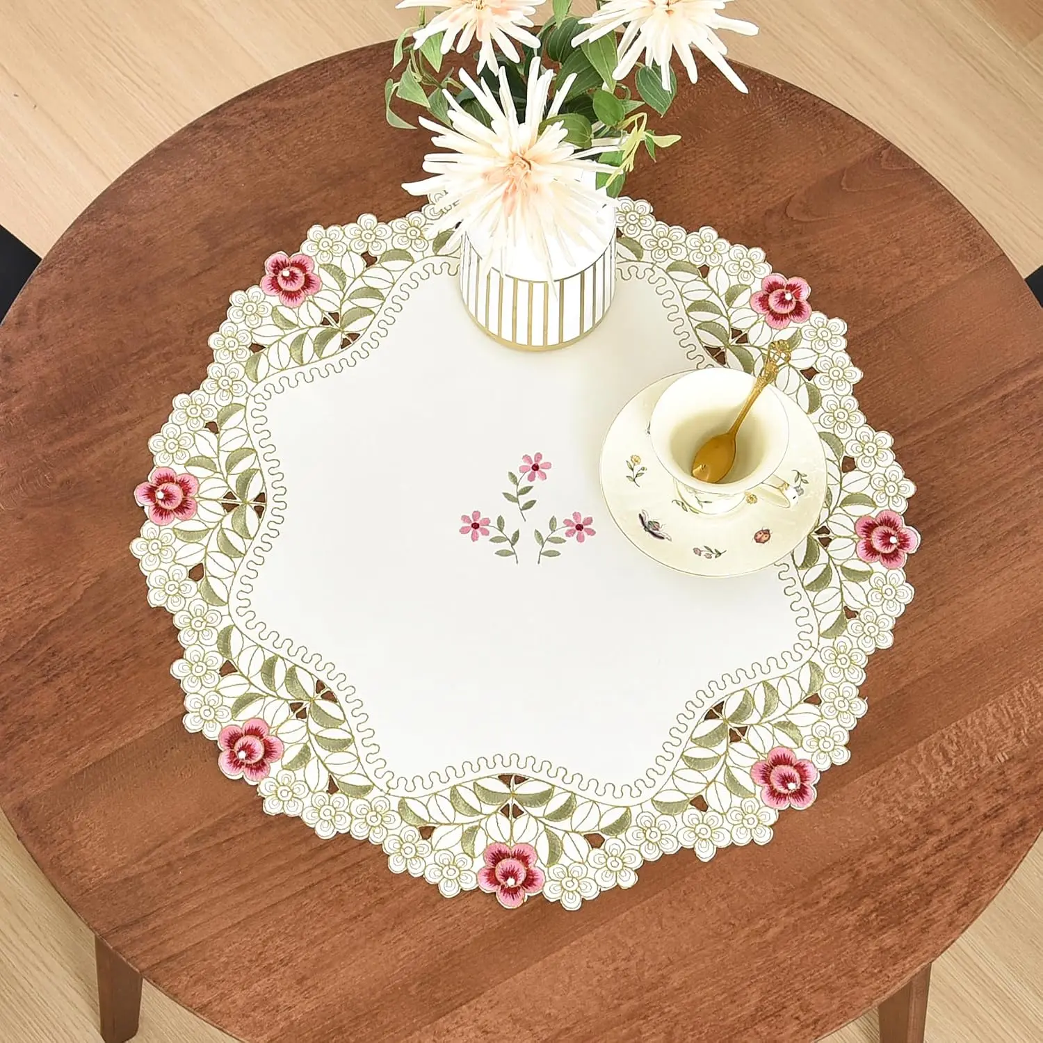 2 Pack Small Round Doily Embroidered Tablecloth 20 inch | Elegant Doilies for Tables, Tables Topper Decoration, Beige End Table Cover for Coffee Wedding Dinning Party