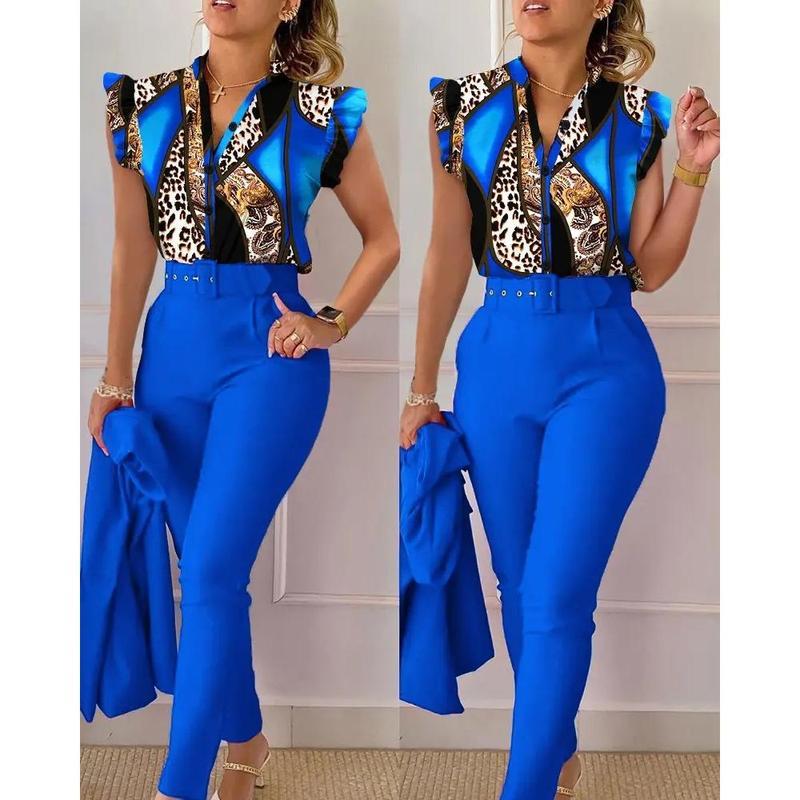 Women's 2-Piece Floral Print Blouse Solid Pants Set with Belt, Breathable Lotus Sleeve Top & Stretch Trousers Office to Casual Versatile Outfit Comfort Clothes Jacket Suits Chic Womenswear matching sets vacation Cropped Beach