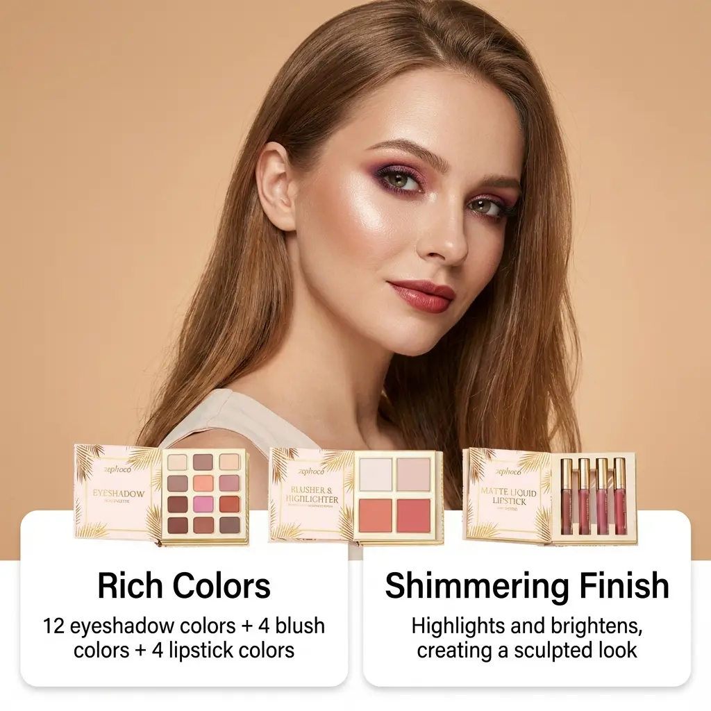 ZEPHOCO Tropical Gold All-in-1 Makeup Kit, Rose-Inspired Cosmetic Palette with Blendable Eyeshadow, Blush, Lipstick & Highlighter, Foldable Travel Set, Blend, Brow, Powder, Brush, Light Skin, All-In-One