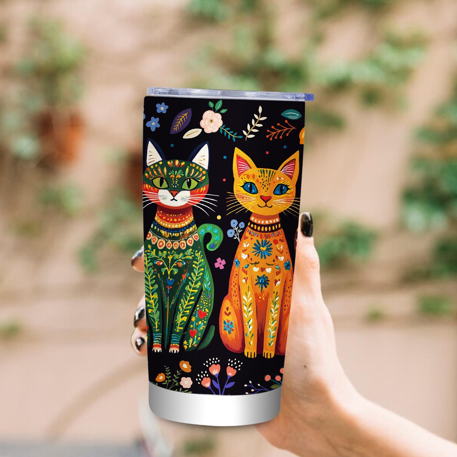 [Reusable Cat Lover Tumbler] 1pc Reusable Cat Lover Tumbler with Straw and Lid, Black and Colorblock Cat Design, Home and Outdoor Use, Holiday Gift for Men and Women. Christmas, Ideal Birthday Gift for Friends