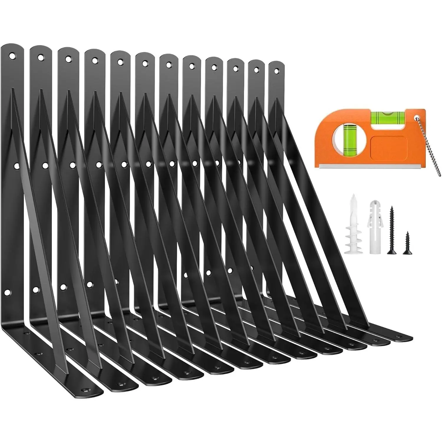 12 Pack 8 Inch Heavy Duty Shelf Bracket, Wall Shelf L Brackets for Floating Shelves, 250 LBS Max Load, Mounting Hardware Include, Black