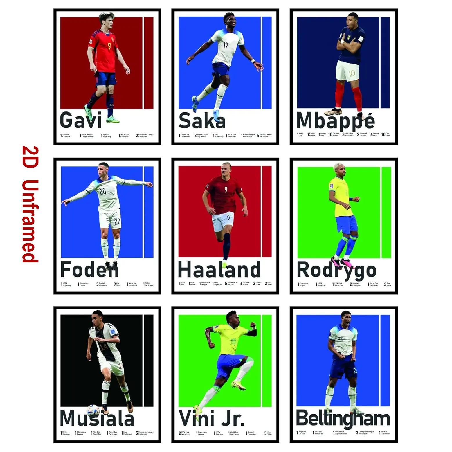 9-Piece Frameless Soccer Poster Set for Boys' Bedrooms—Featuring Posters of Soccer Players: Erling Haaland, Kylian Mbappé, Rodrygo, Gavi, Vinícius Júnior, Bukayo Saka, Phil Foden, Jamal Musiala, and Jude Bellingham