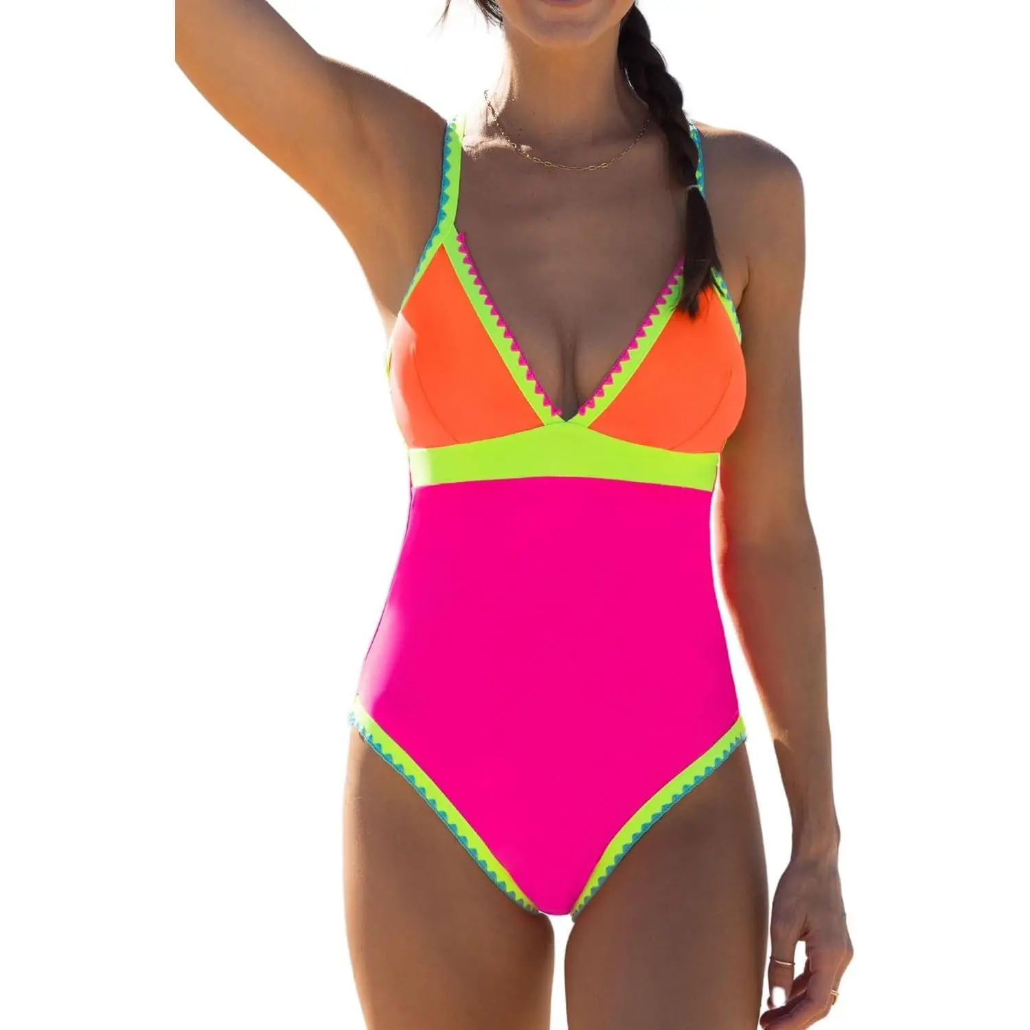 One Piece Swimsuit for Women Tummy Control Bathing Suit V Neck Slimming Neon Color Block Swimwear