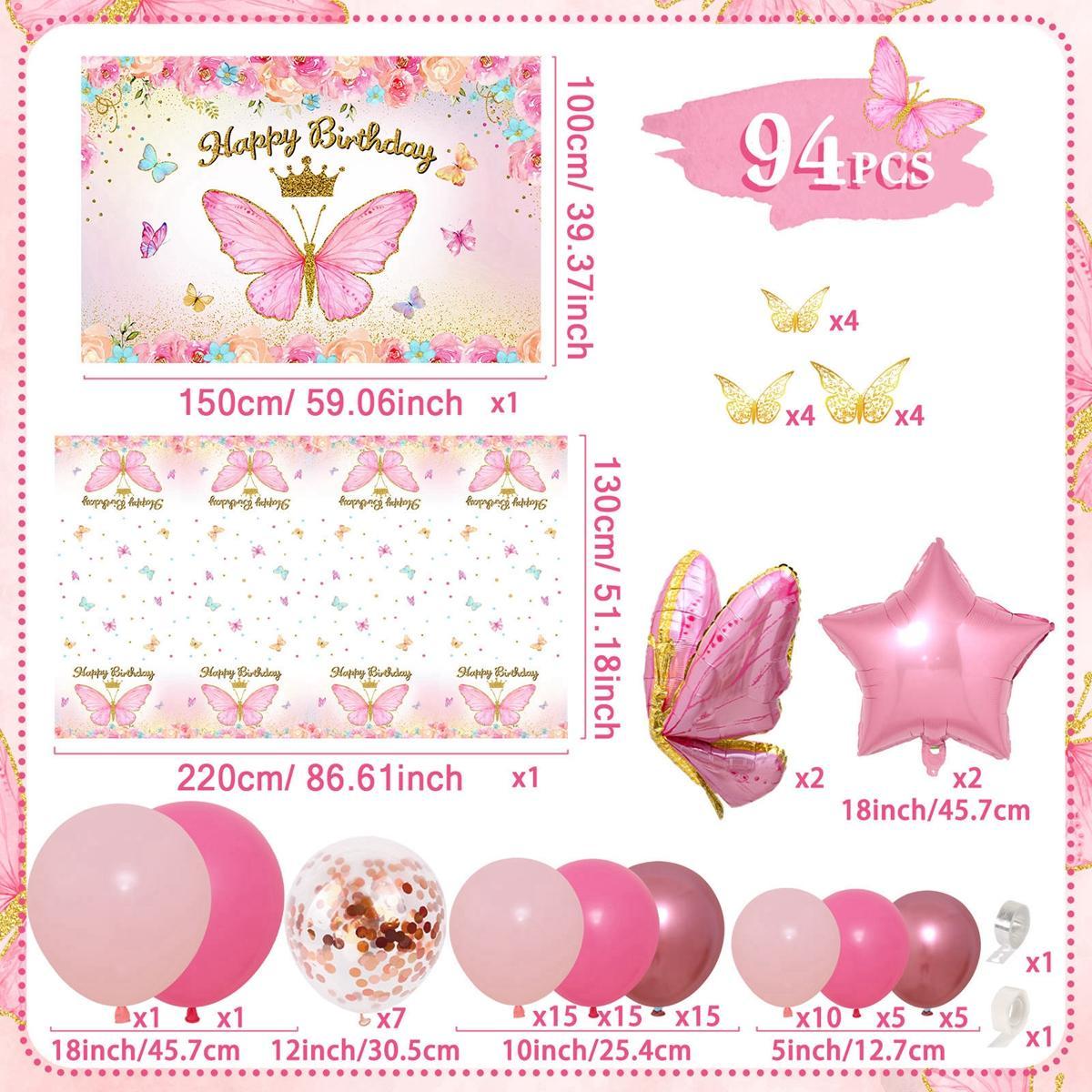 Butterfly Pink/Purple Balloon Tablecloth Backdrop Set,94pcs Pink Butterfly Latex Balloon Girls Birthday Party Decoration,Happy Birthday  Balloon Arch Kit