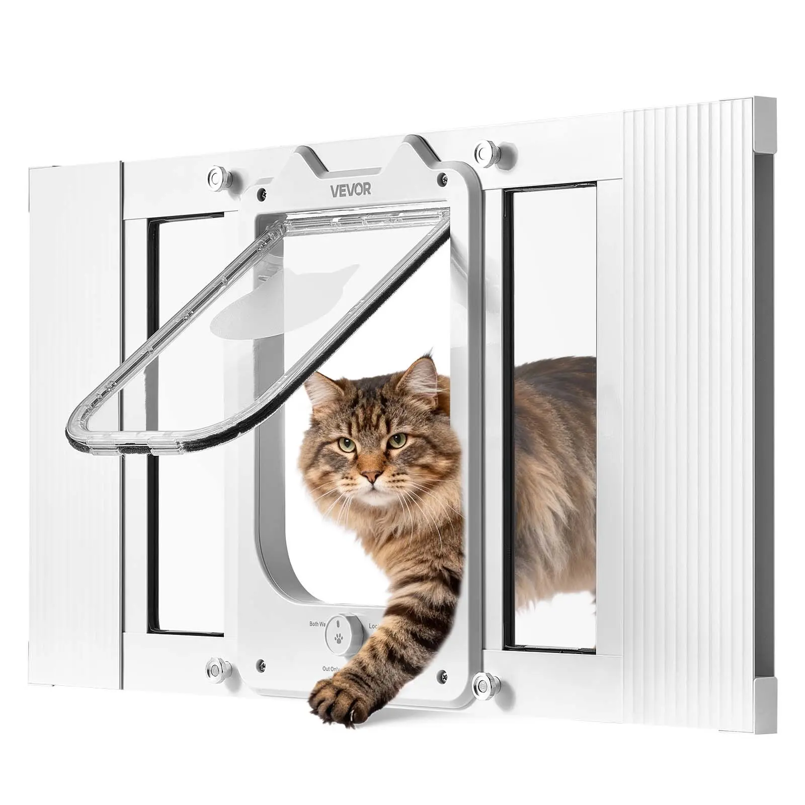 VEVOR Window Cat Door, 23"-28" Adjustable Length Window Fit, 4 Secure Lock Modes, Aluminum Frame, High-Transparency Glass, Magnetic Smooth Auto-Close Seal, No Drilling Weatherproof Quick-Fit, White, 28.0 x 15.3 x 1.6 in, Indoor Space Solution