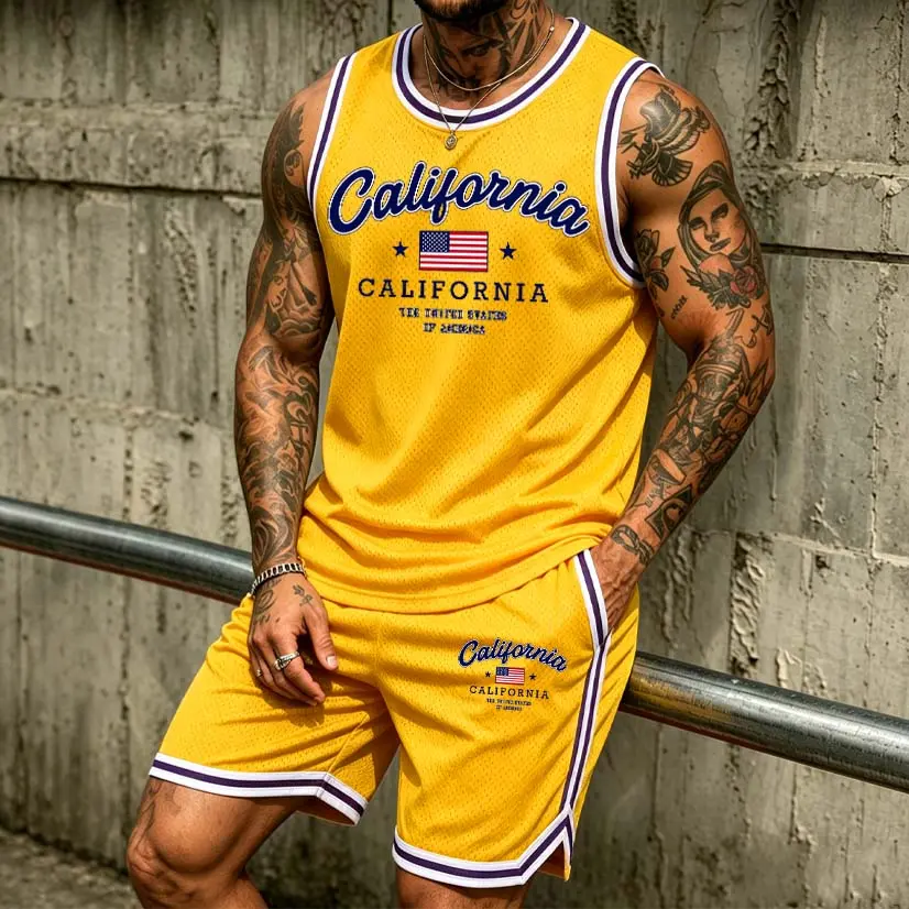Men's California Athletic Set: Mesh Basketball Jersey & Shorts Two-Piece Combo — Lightweight, Breathable Sportswear