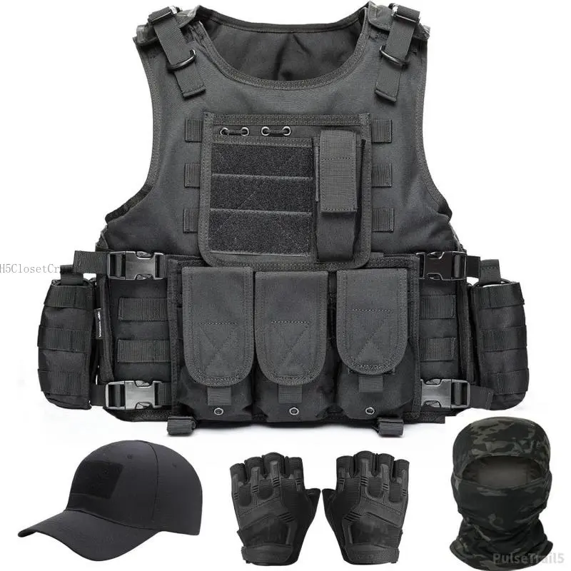 Tactical Vest for Men, Airsoft Vest, Black Molle Vest and Cap Protective Equipment, Tactical Airsoft GearPulseTrail5H5ClosetCrush