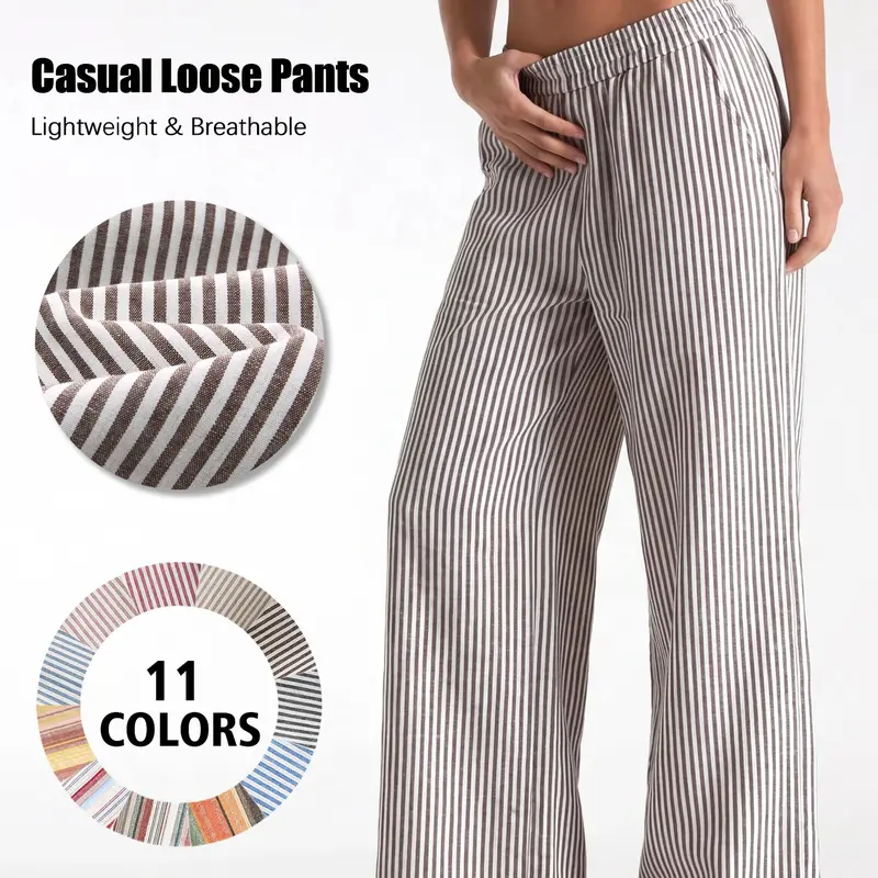 Women's Linen-Feel Draped Vertical Stripe Trousers, Elastic-Waist Straight-Leg Bottom, Lightweight Breathable Summer Pants
