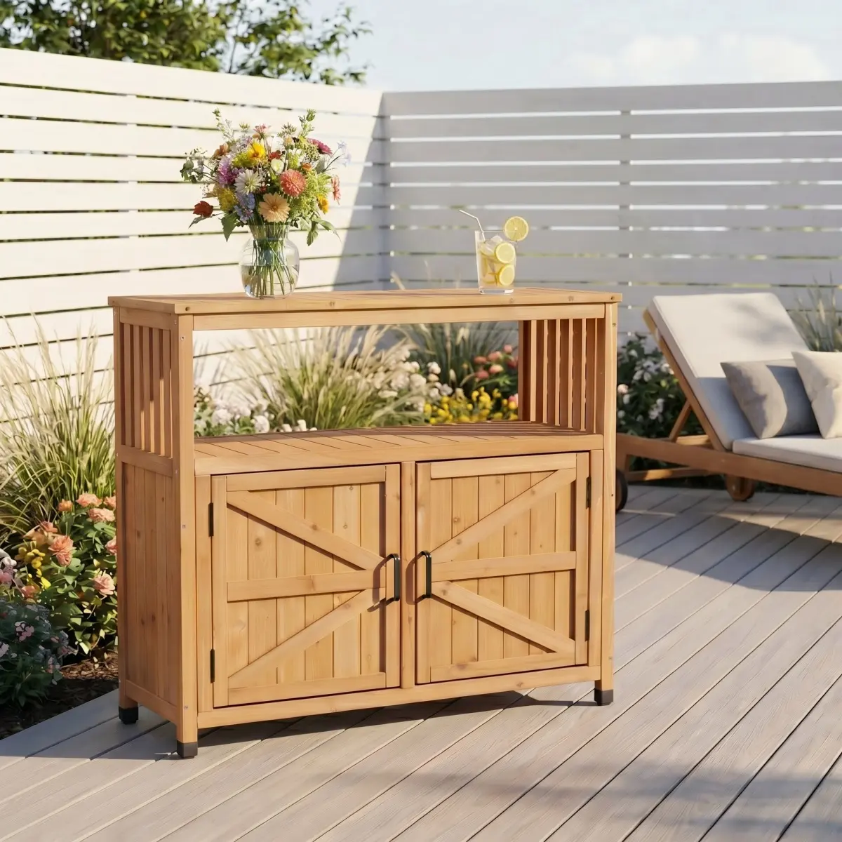 Solid Wood Patio Bar Table Set with Storage Space, Sideboard Cabinet Buffet for Indoor-Outdoor Use