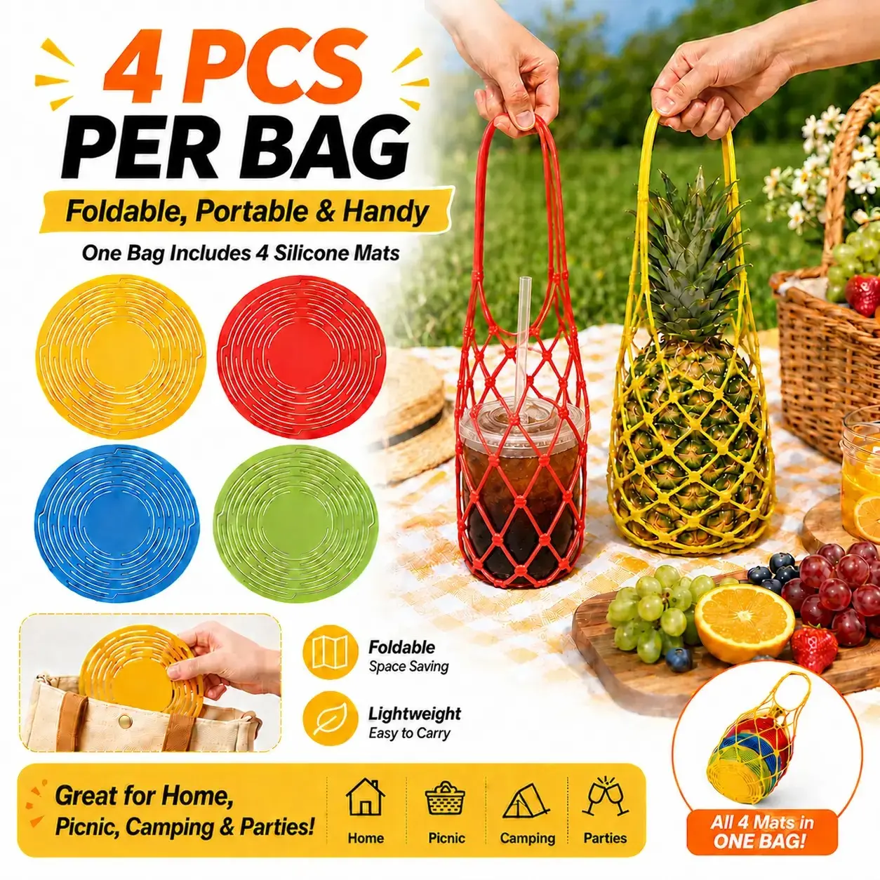 🍷 Expandable Mesh Bottle Tote Bag｜Foldable Silicone Carrier for Wine, Fruit, Drinks, and Tea Caddy