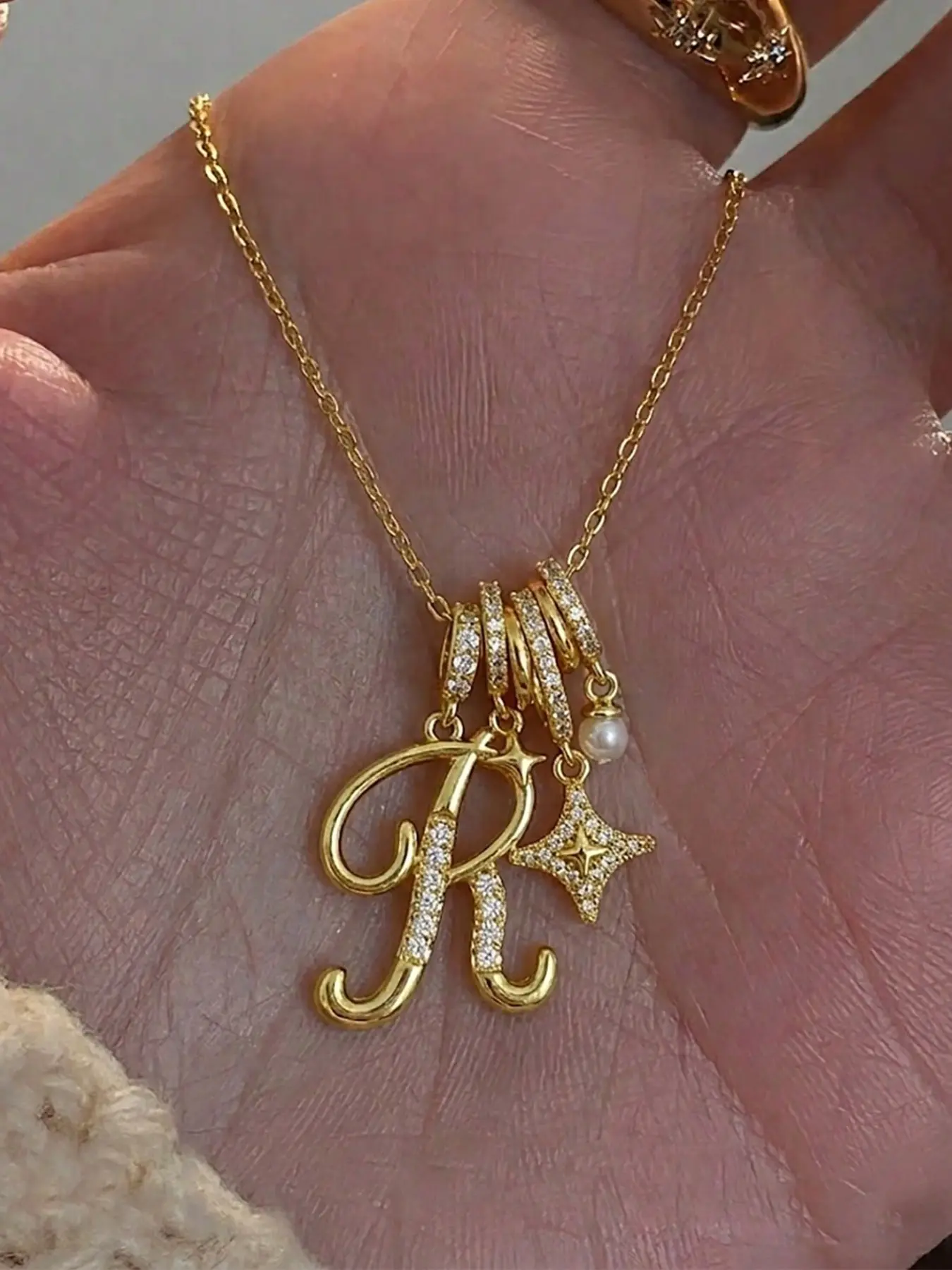 1pc Trendy A-Z Letter Pendant Necklace for Women, Shiny Zirconia Initial Charm with Star & Faux Pearl Detail, Elegant Personalized Jewelry for Daily Wear & Dating