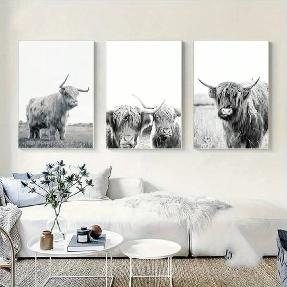 3 Pieces B&W Farm Animal Scottish Highland Cow Art, Nursery Wall Mural, Rustic Pastoral Home Art, Kids Gallery Decor, Monochrome Painting, Wall Decor for Kids Room and Farmhouse, Framed or Unframed.