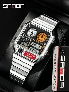 Sanda Men's Square Digital Watch, Steel Band, Temperature Sensor, Stopwatch, Multi-Function, Sporty Style, All Seasons, 44mm Case Diameter, Waterproof Sport Watch