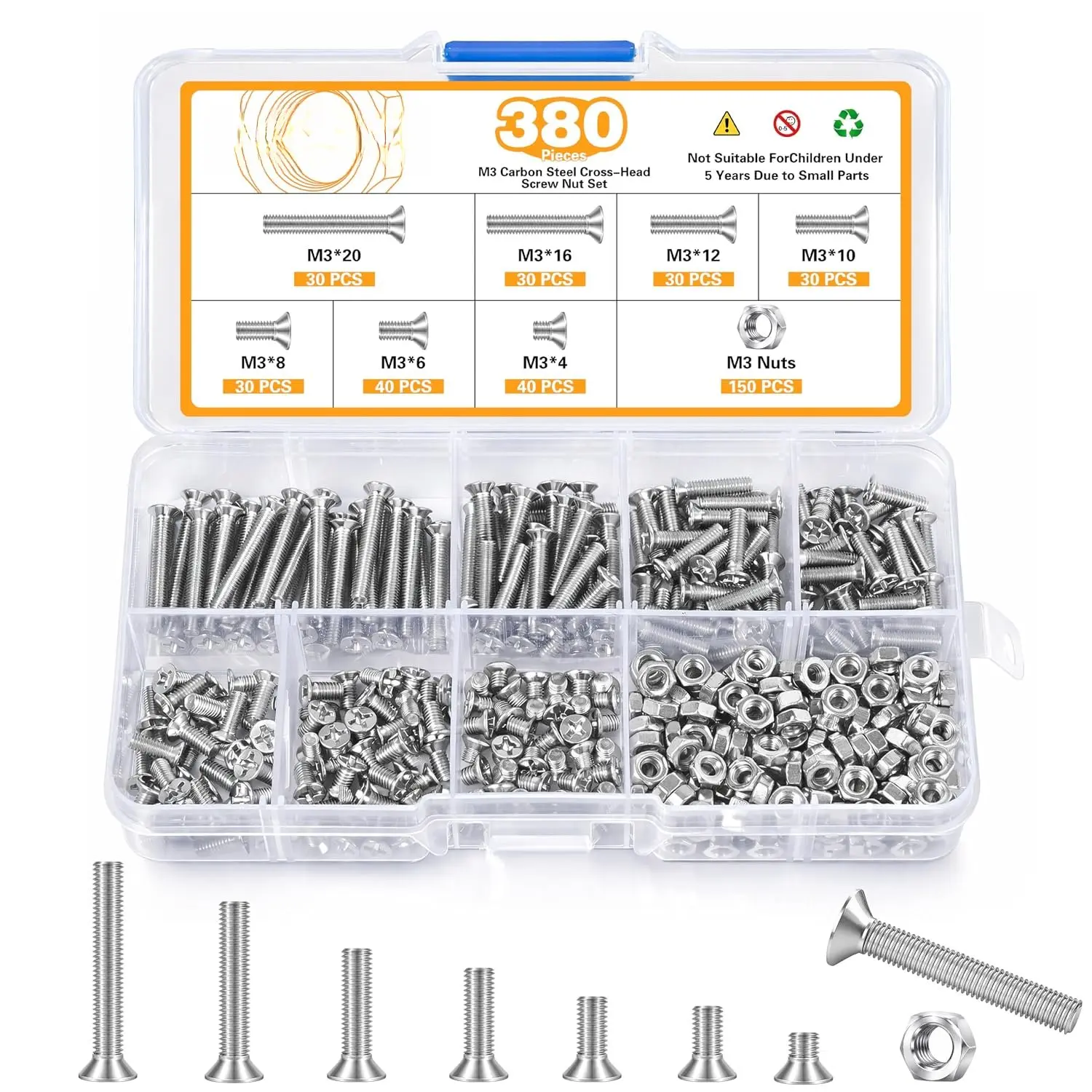 380 count M3  Flat  Machine Screws and Hex Nuts Kit Carbon Steel Countersunk  Phillips Screws  ,M3 x 4mm/ 6mm/ 8mm/ 10mm/ 12mm/ 16mm/ 20mm
